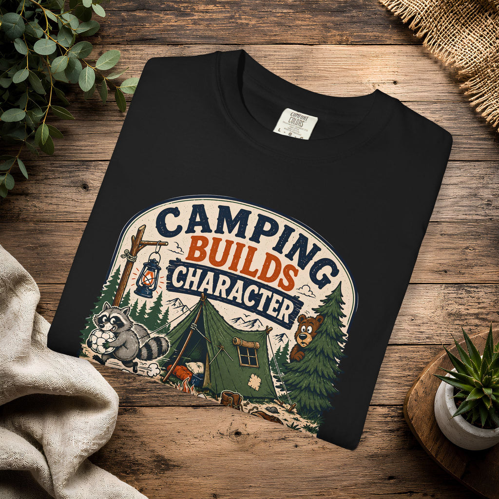 Camping Builds Character T-Shirt — Vintage Tent, Forest & Campfire Outdoor Tee