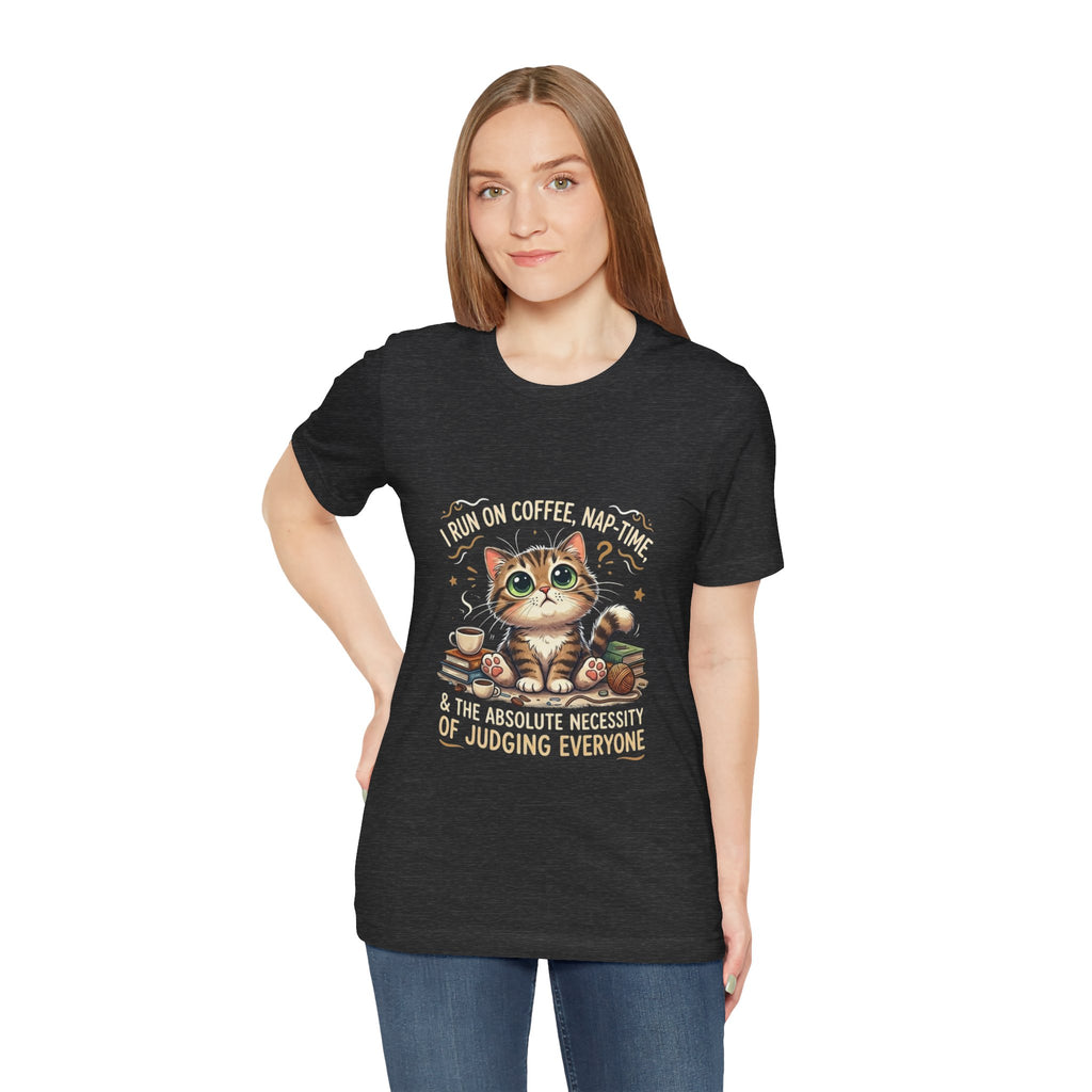Judging Cat Coffee Books T-Shirt | Cozy Kitty Illustration Tee