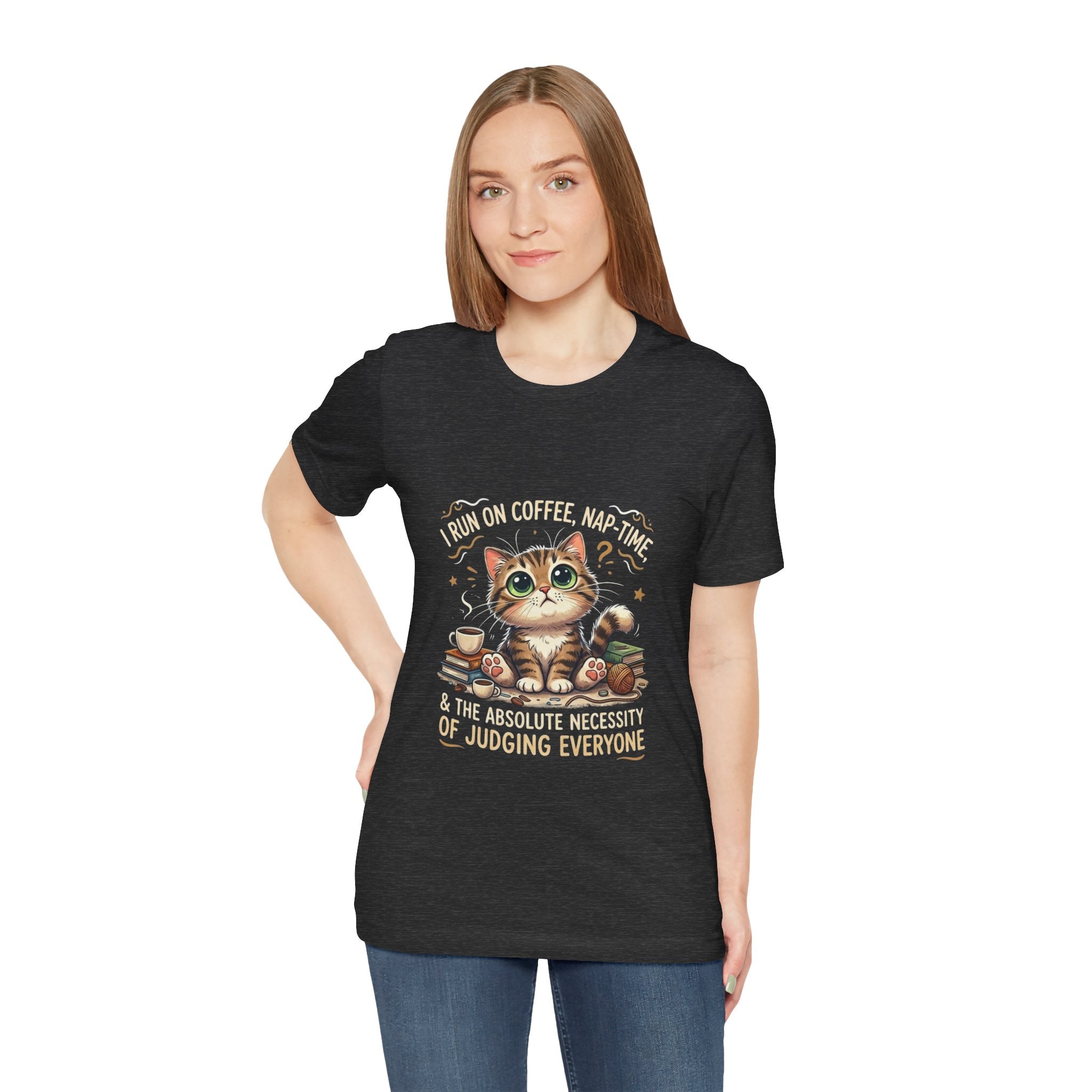 Judging Cat Coffee Books T-Shirt | Cozy Kitty Illustration Tee