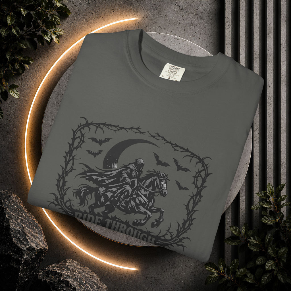 Ride Through Shadows T-Shirt — Gothic Raven Horse Moon Design