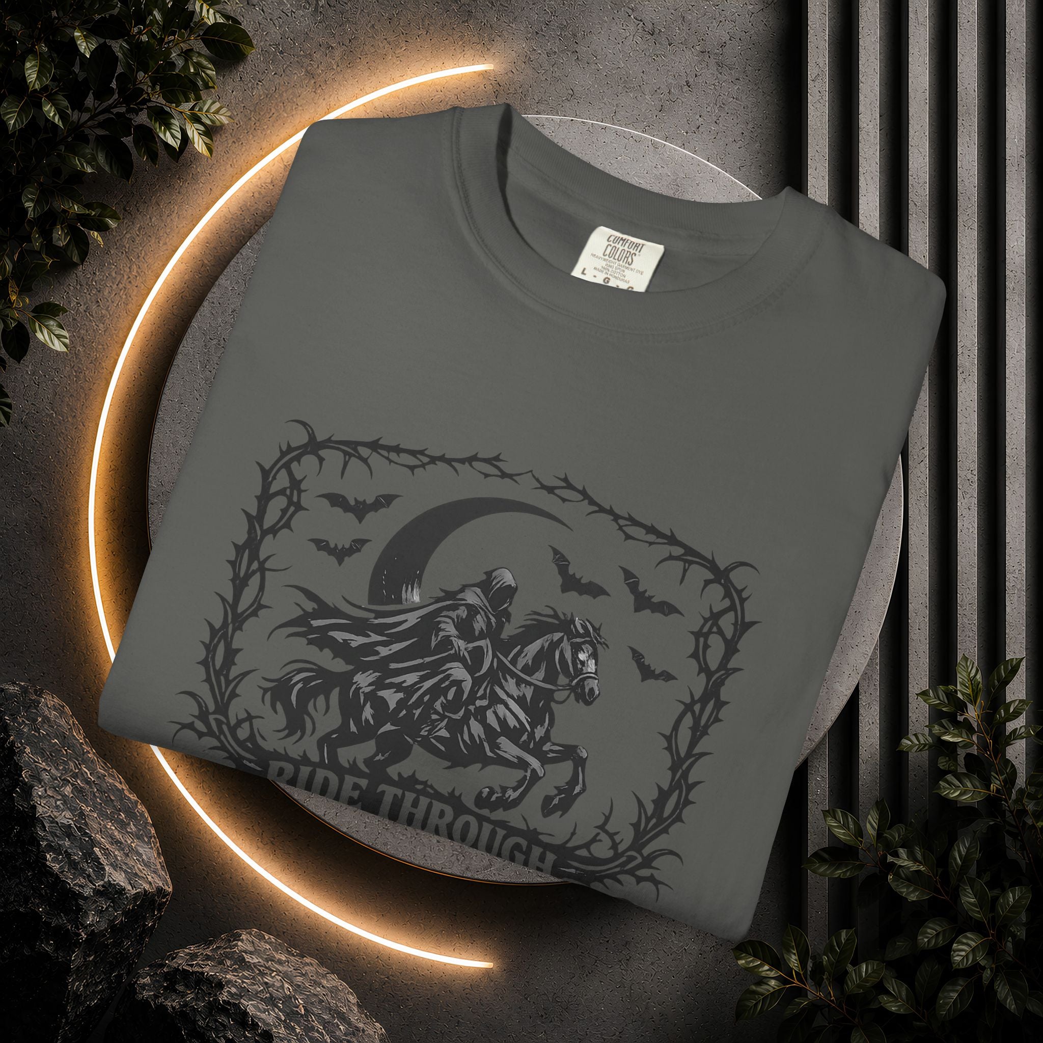 Ride Through Shadows T-Shirt — Gothic Raven Horse Moon Design