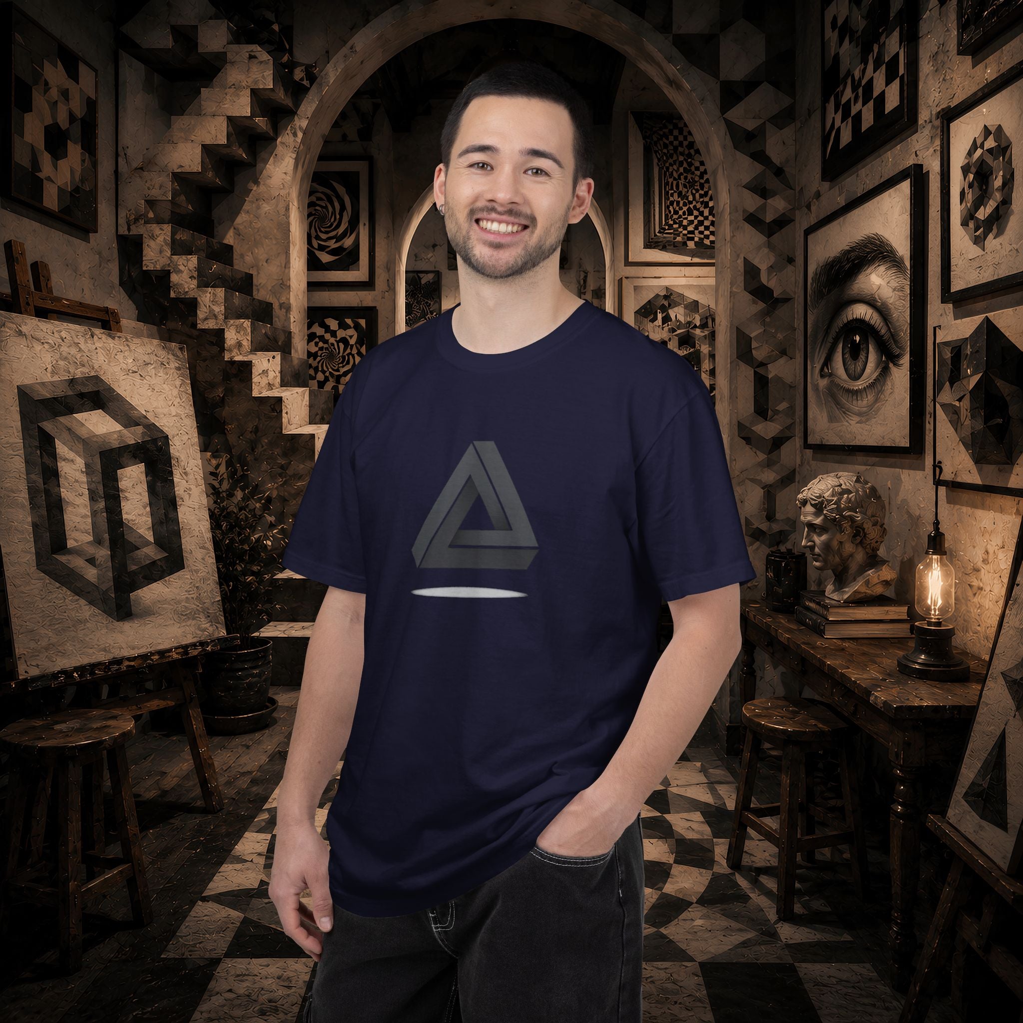 Optical Illusion Triangle T-Shirt — Geometric Penrose Design