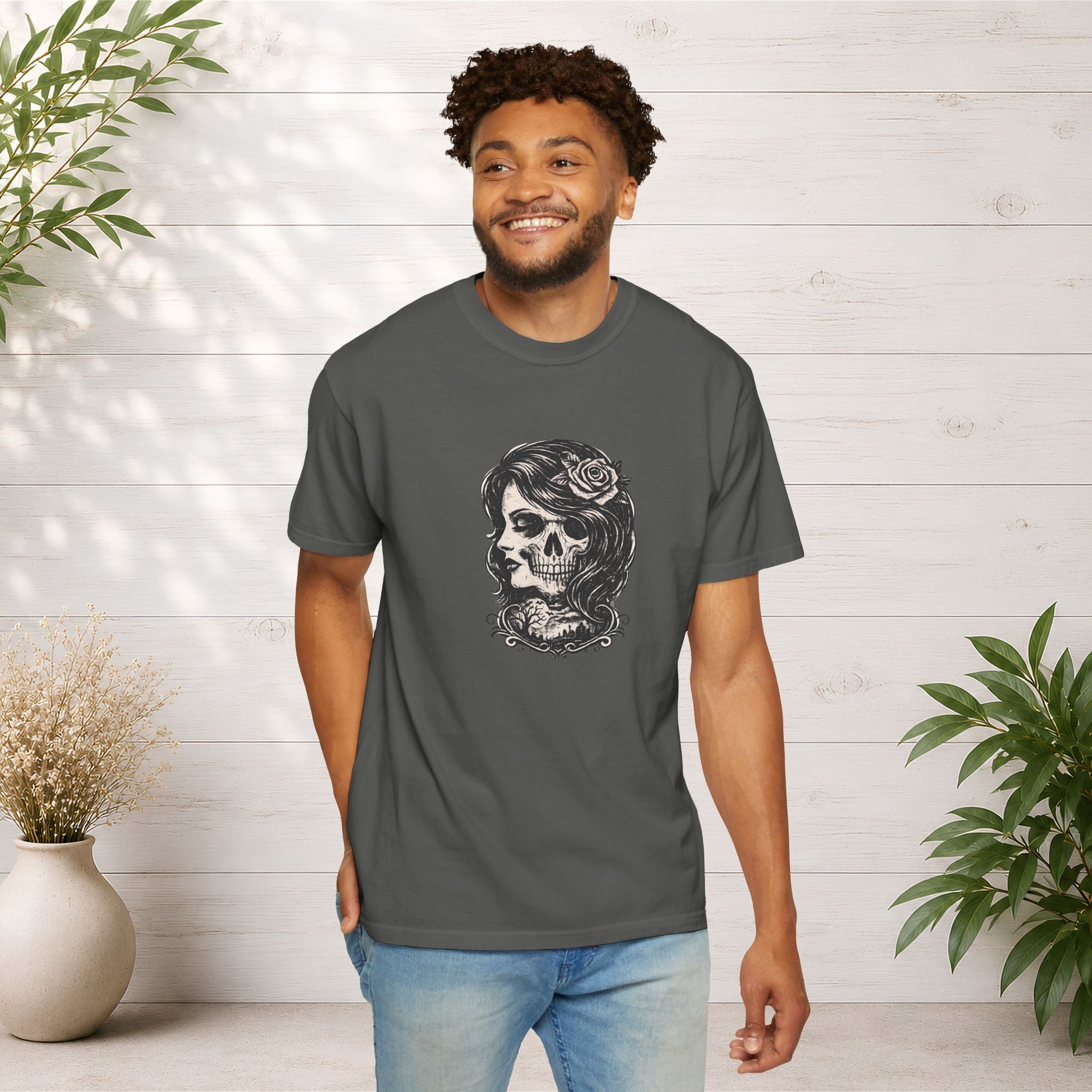 Skull Lady Rose T-Shirt — Vintage Day of the Dead Portrait Tee