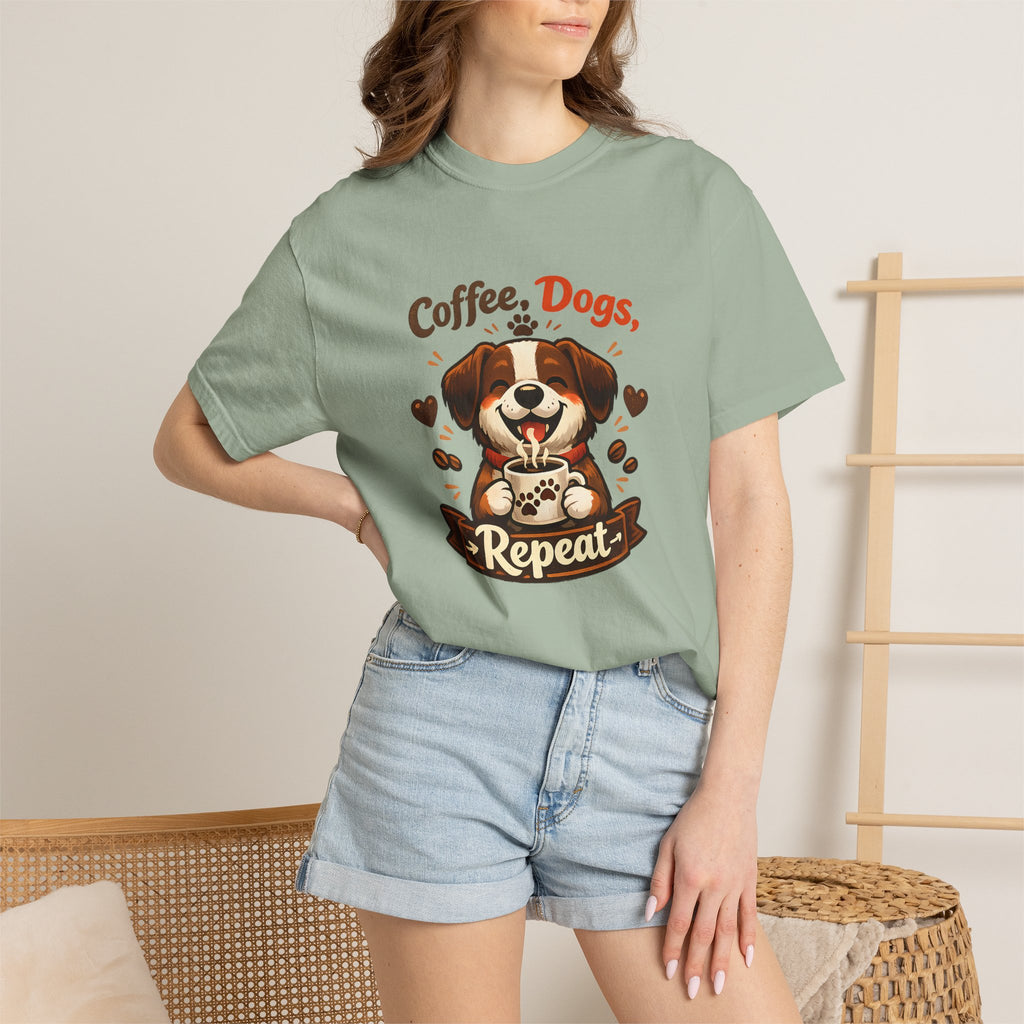 "Coffee, Dogs, Repeat" Cute Dog & Coffee Graphic T-Shirt