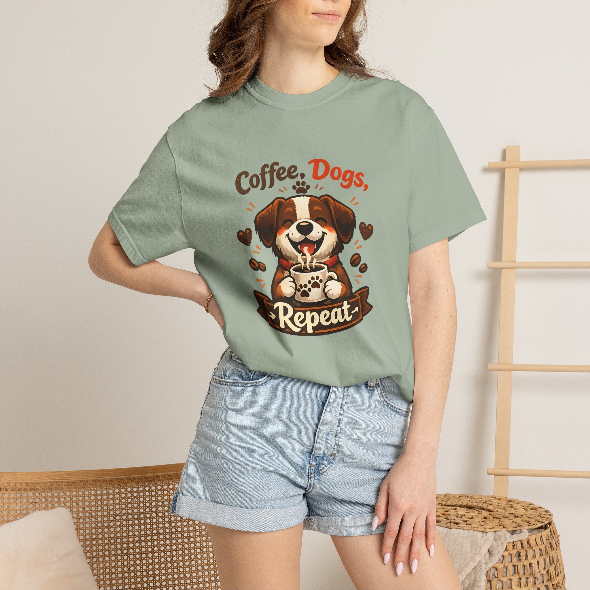 "Coffee, Dogs, Repeat" Cute Dog & Coffee Graphic T-Shirt