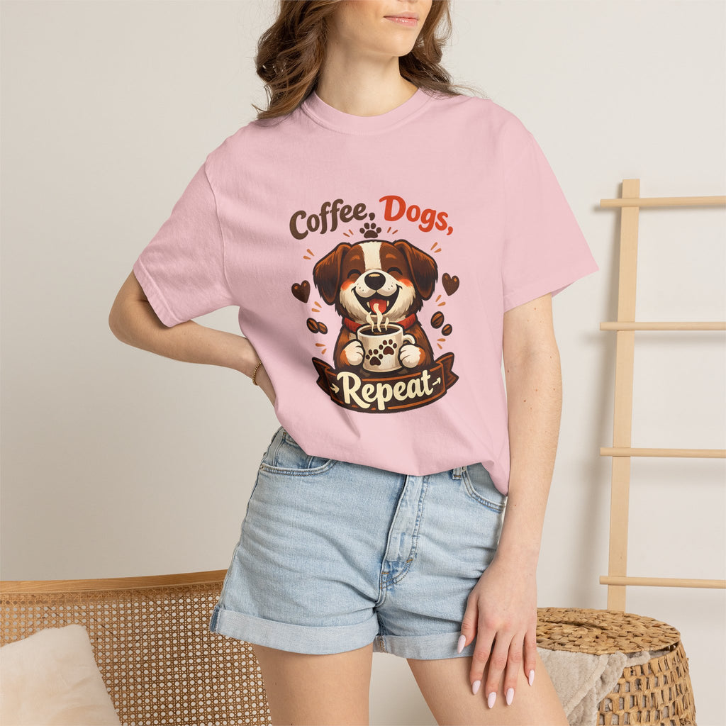 "Coffee, Dogs, Repeat" Cute Dog & Coffee Graphic T-Shirt