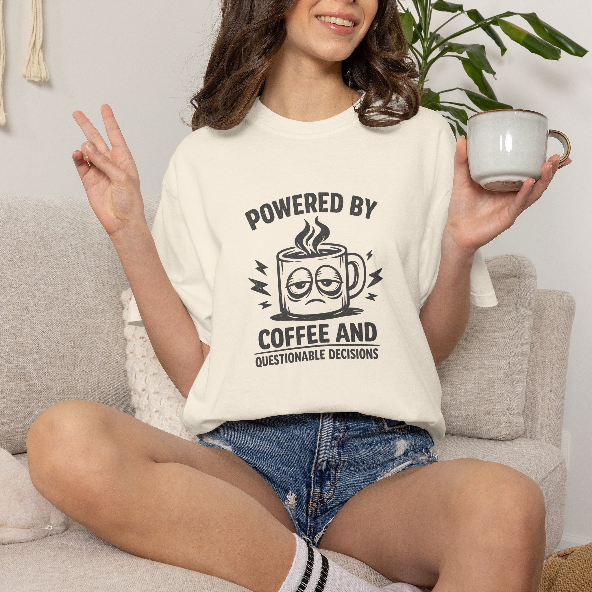 Coffee & Questionable Decisions T-Shirt – Powered by Coffee Graphic Tee