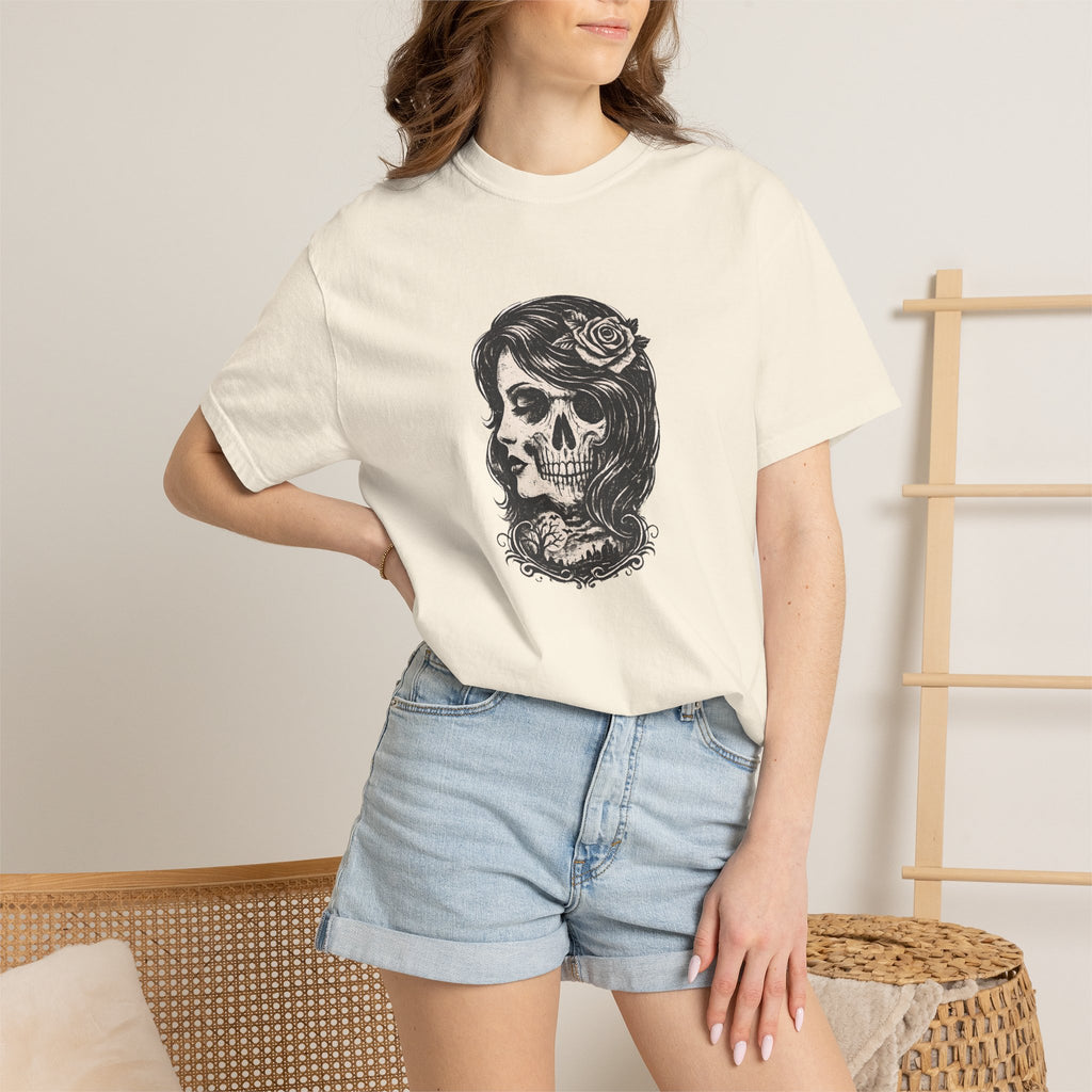 Skull Lady Rose T-Shirt — Vintage Day of the Dead Portrait Tee