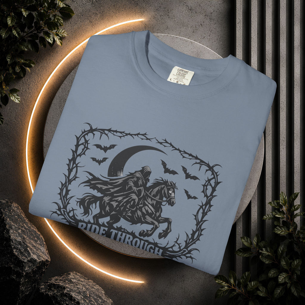 Ride Through Shadows T-Shirt — Gothic Raven Horse Moon Design