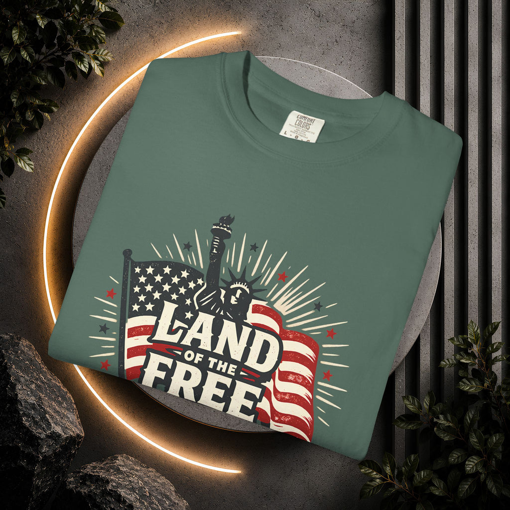 Land of the Free T-Shirt – Patriotic American Flag & Statue of Liberty Graphic