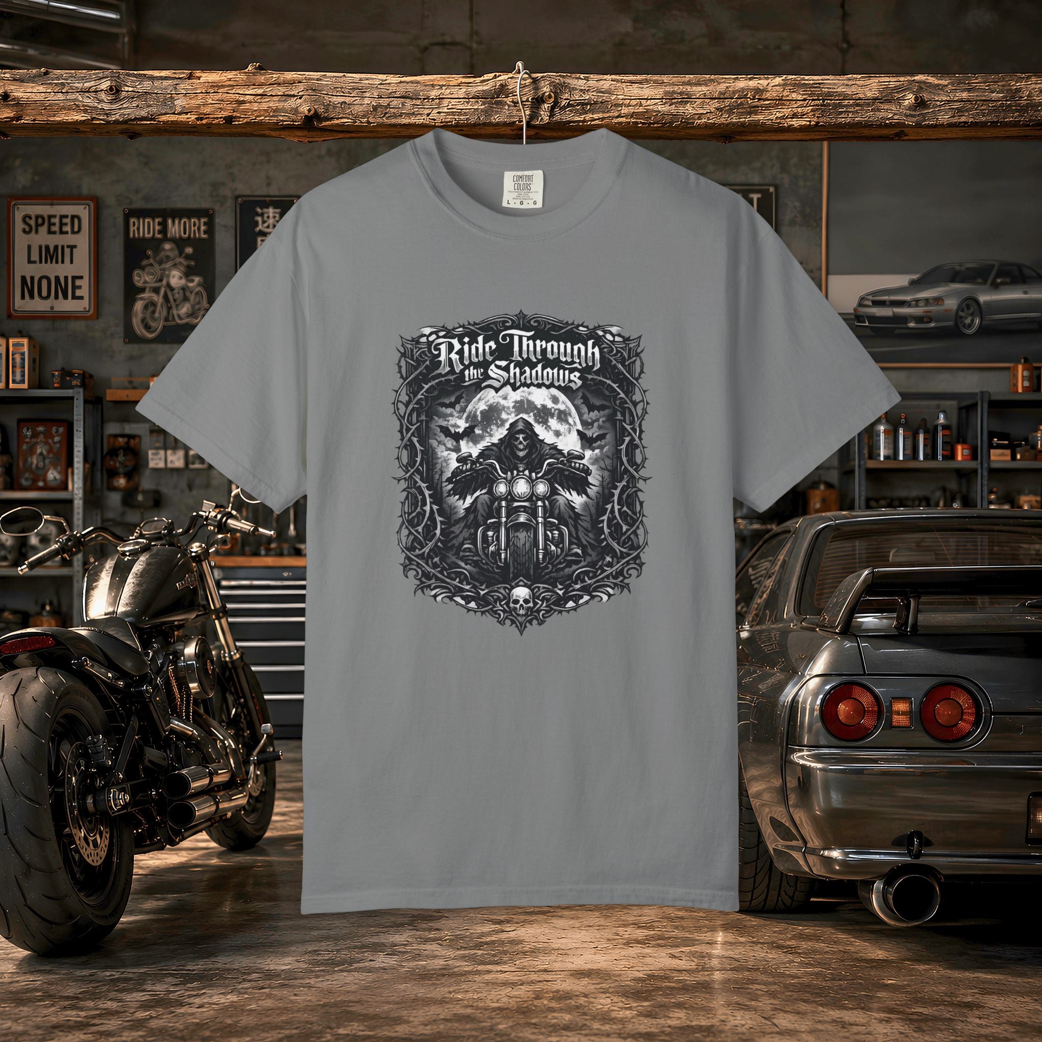 Ride Through Shadows T-Shirt — Gothic Skull Motorcycle Graphic Tee