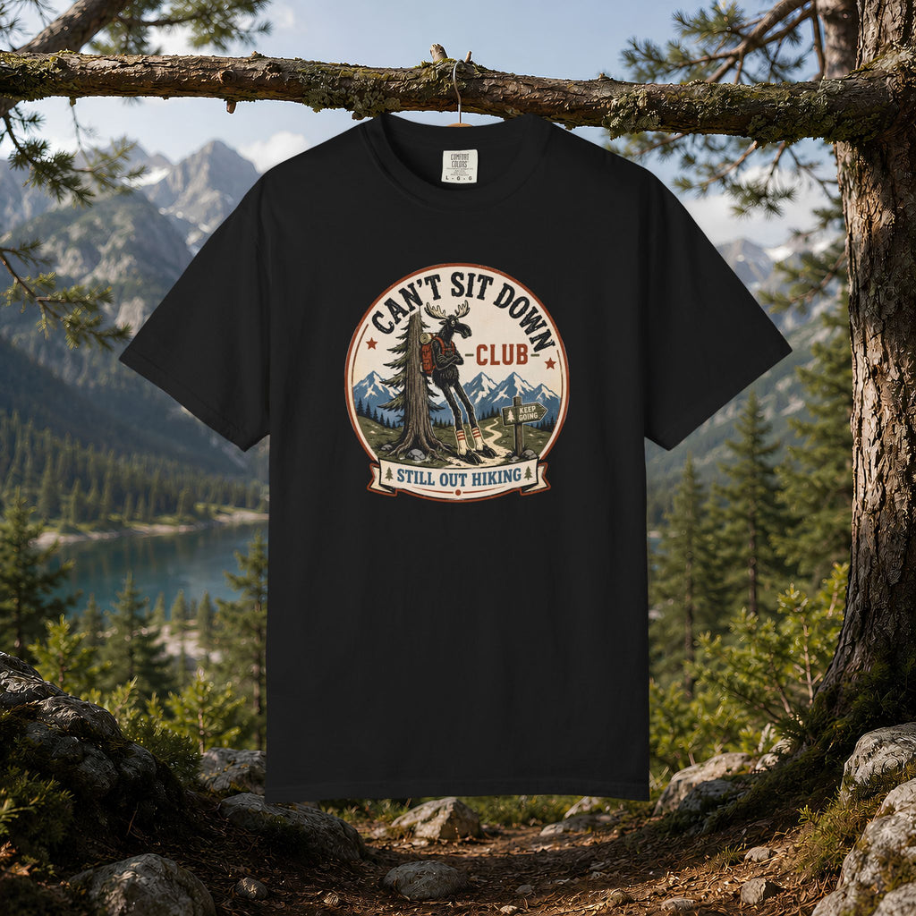 Hugag Hiking Tee — "Can't Sit Down Club" Vintage Mountain Cryptid Shirt