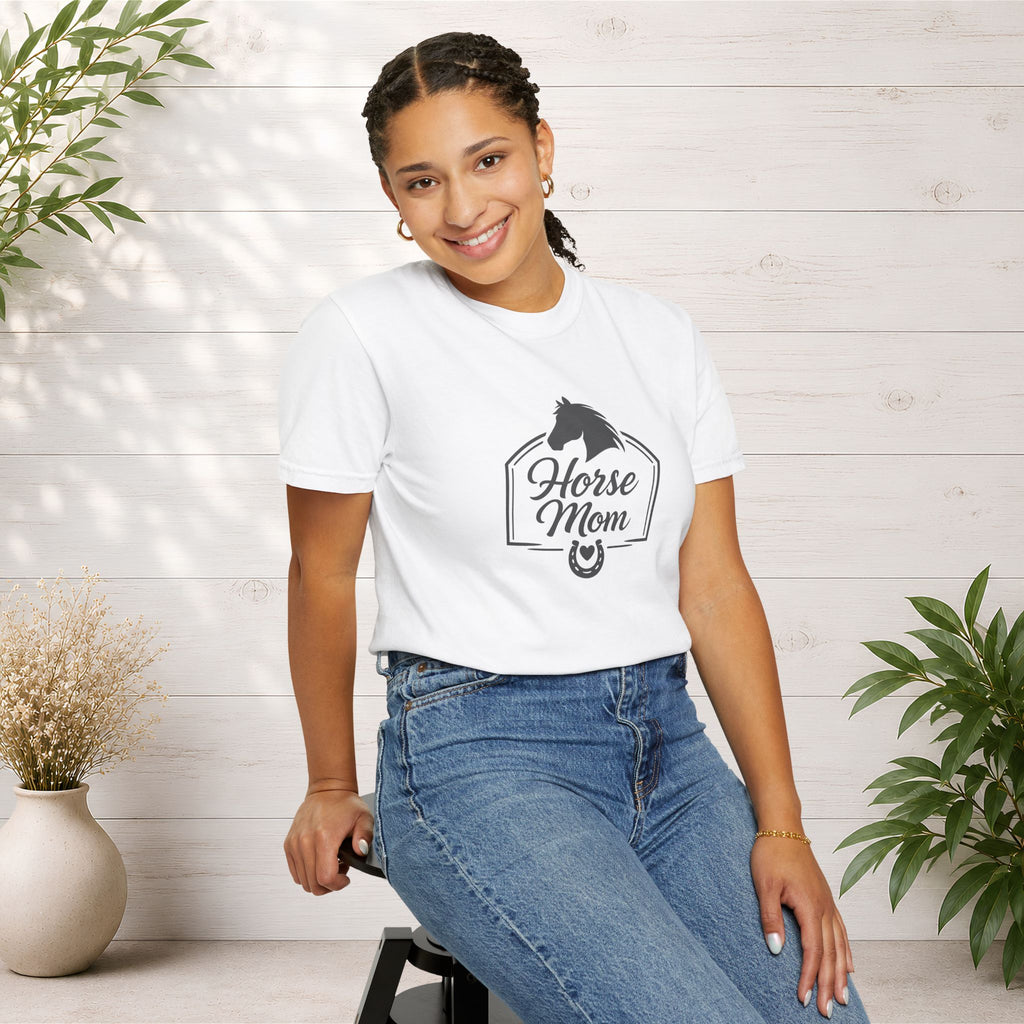 Horse Mom T-Shirt — Equestrian Tee with Horse Silhouette & Horseshoe