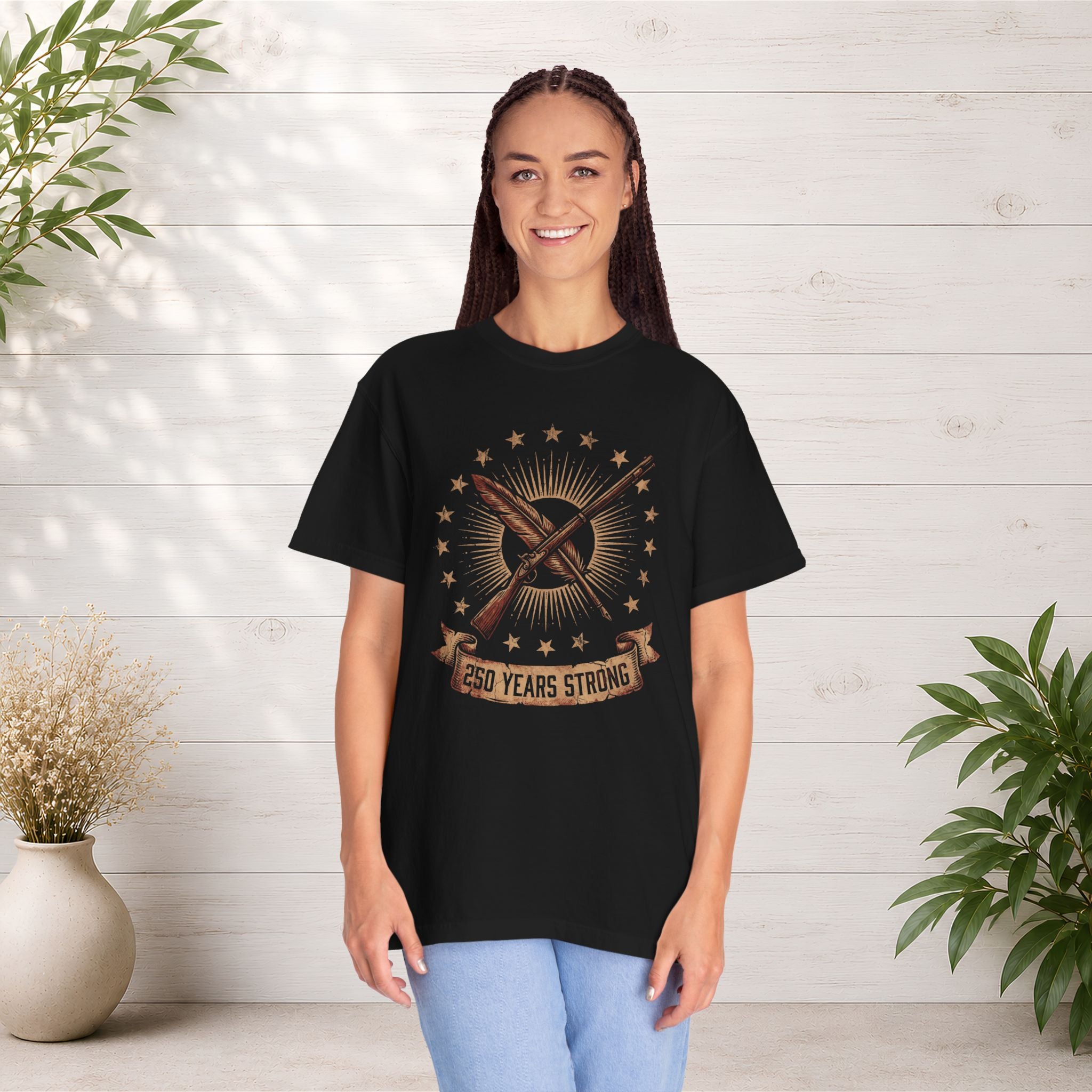 250 Years Strong flag rifle crest T-shirt | patriotic American heritage