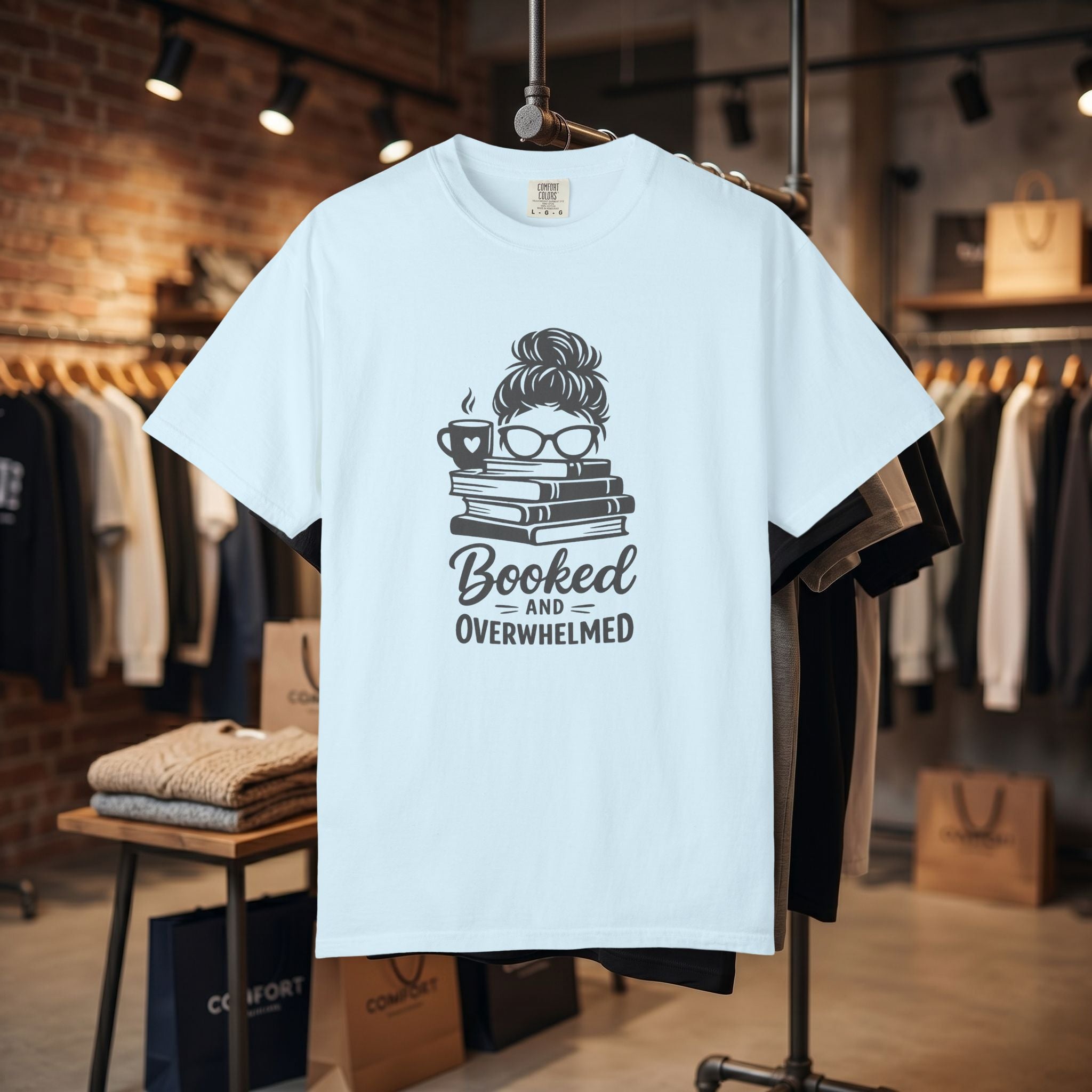 Book Lover T-Shirt — "Booked and Overwhelmed" Graphic Tee