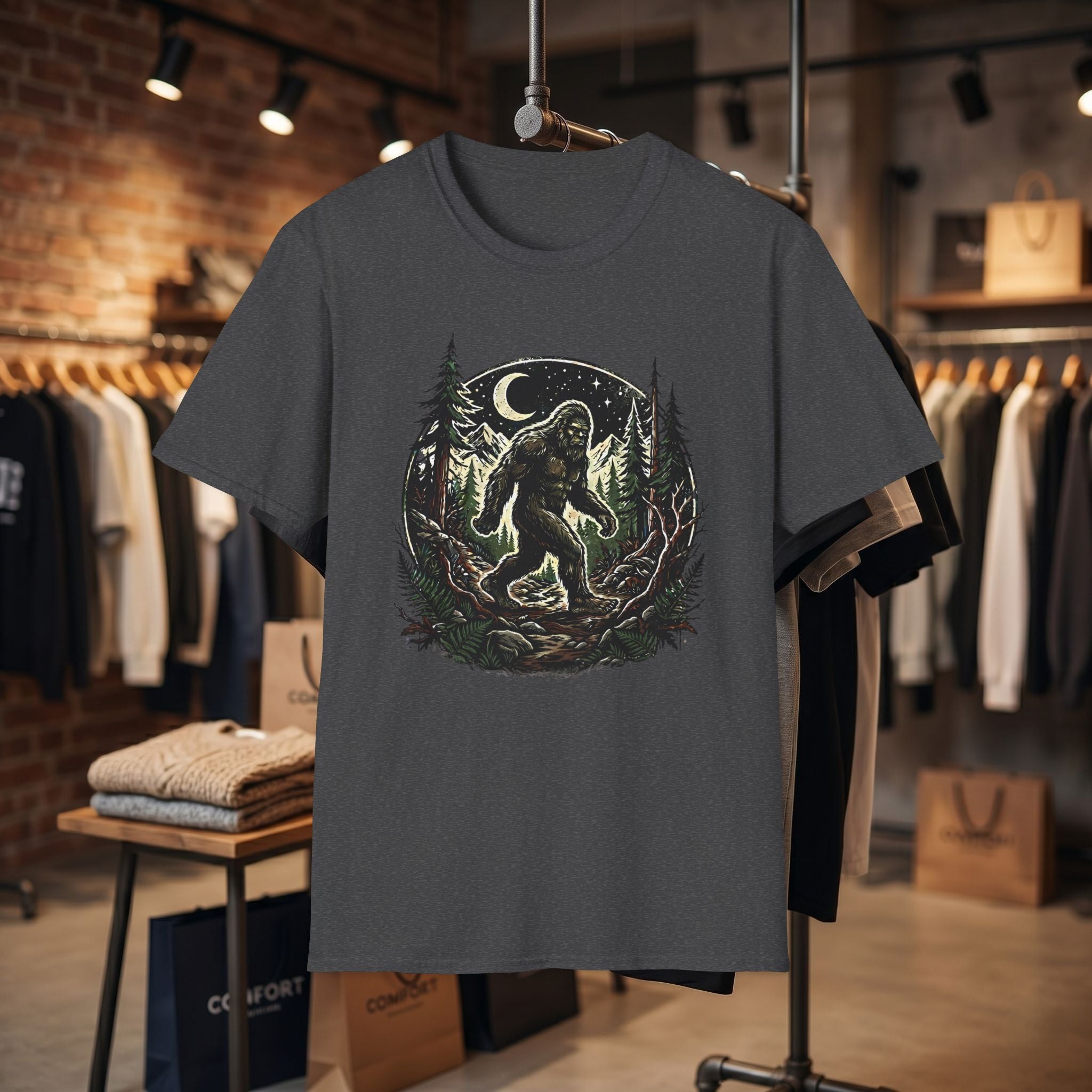 Bigfoot Forest Moon T-Shirt | Sasquatch Night Hiking Design