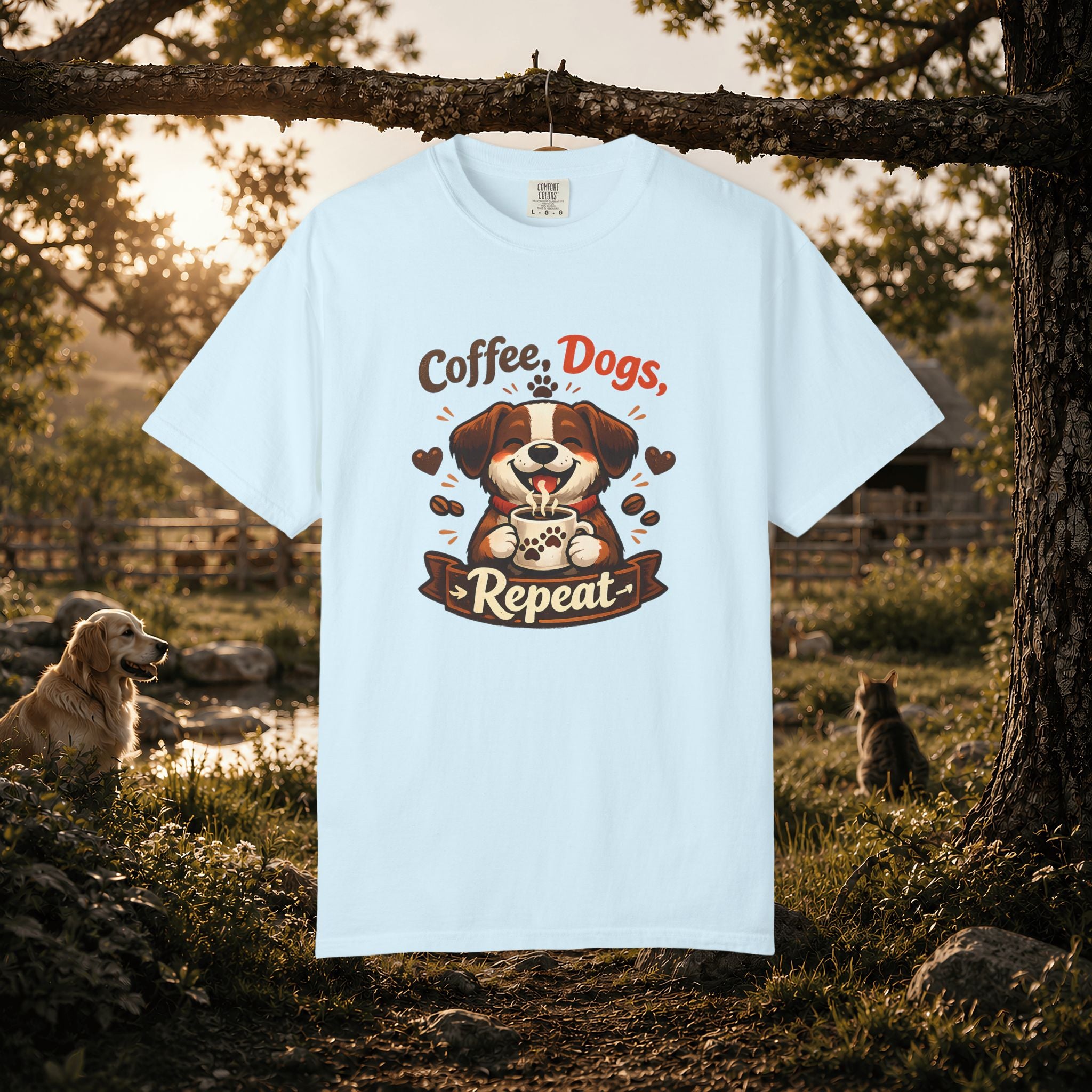"Coffee, Dogs, Repeat" Cute Dog & Coffee Graphic T-Shirt