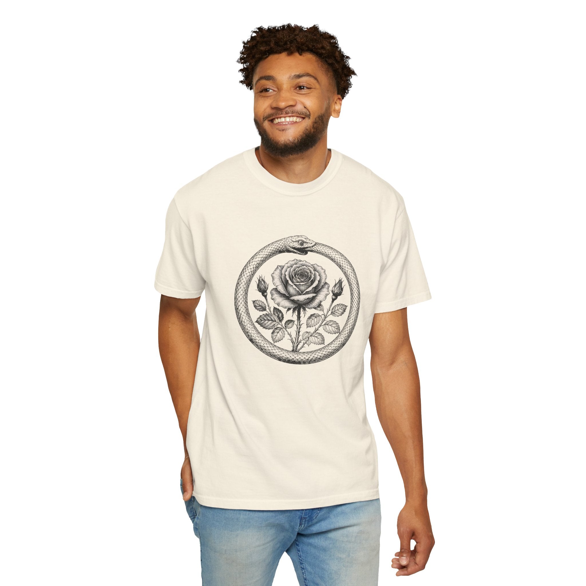 Rose in Ouroboros Snake Circle T-shirt | Botanical Vintage Line Art