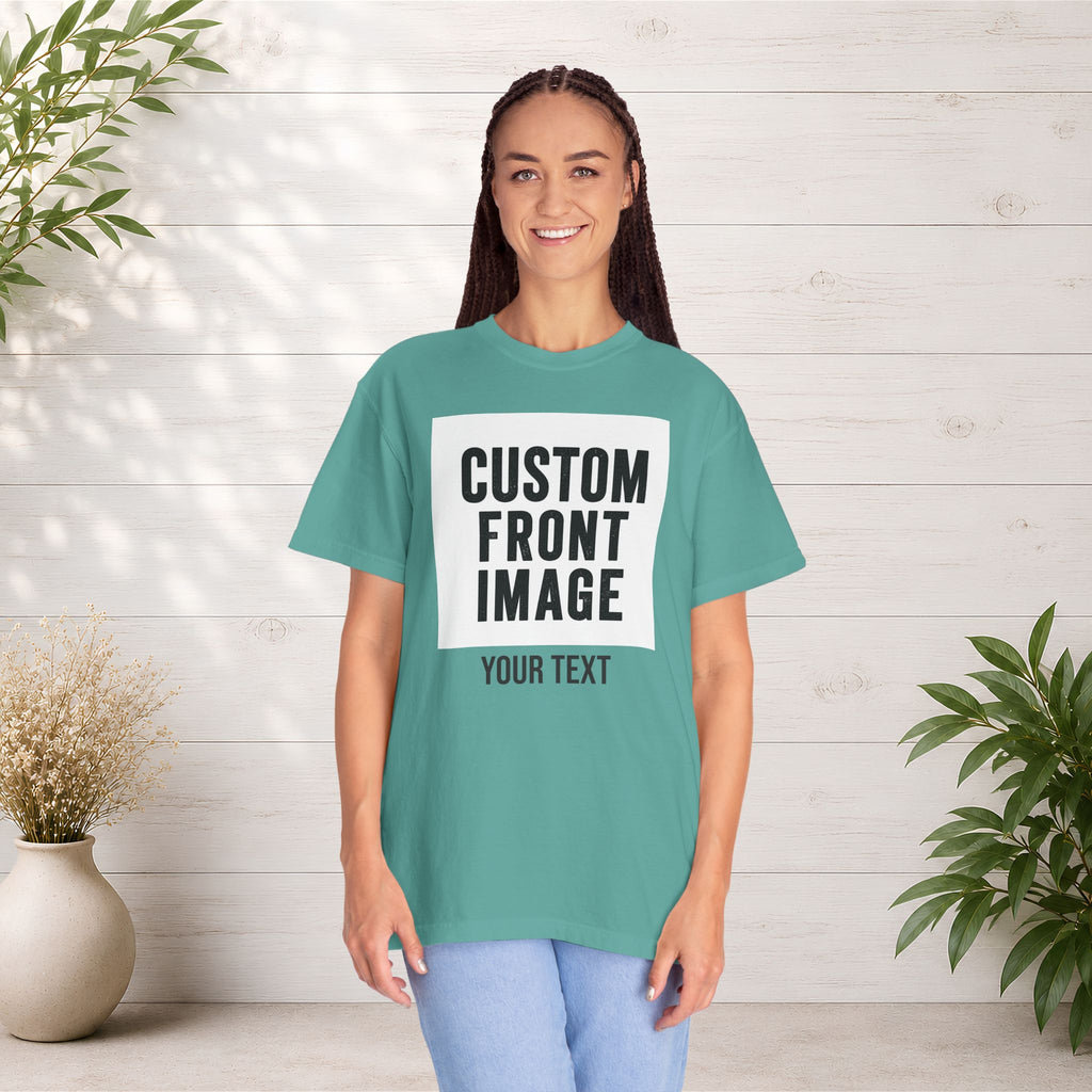 Custom Front Square Print T-Shirt — Personalized Text Bottom & Image Tee