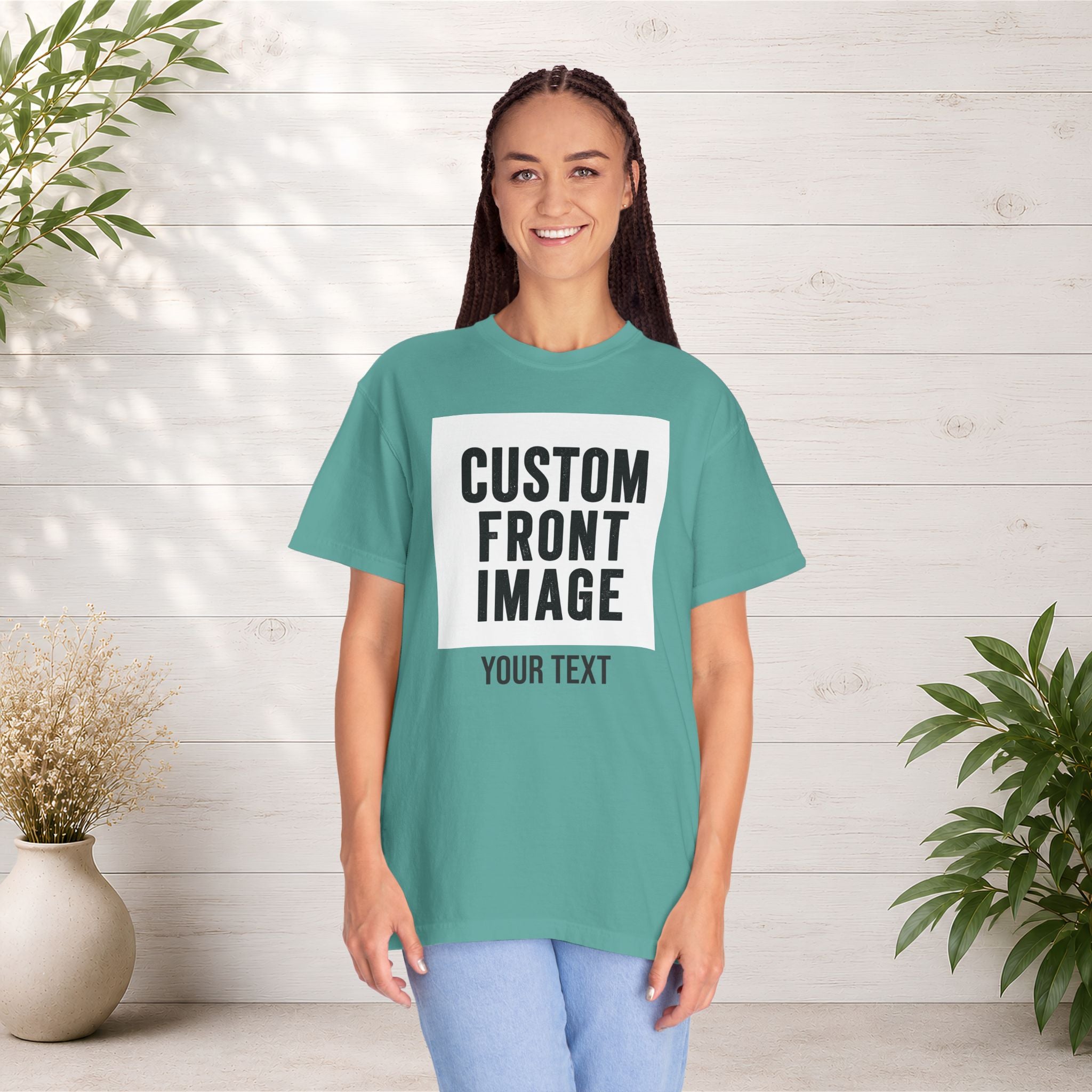 Custom Front Square Print T-Shirt — Personalized Text Bottom & Image Tee