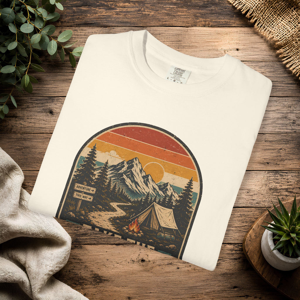 Scenic Route Camping T-Shirt — Retro Mountains & Tent Outdoor Tee