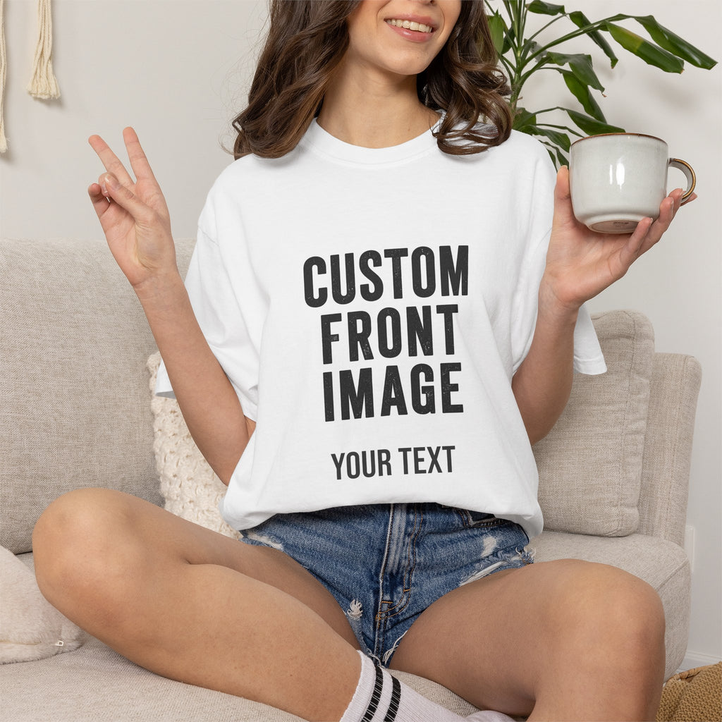 Custom Front Square Print T-Shirt — Personalized Text Bottom & Image Tee
