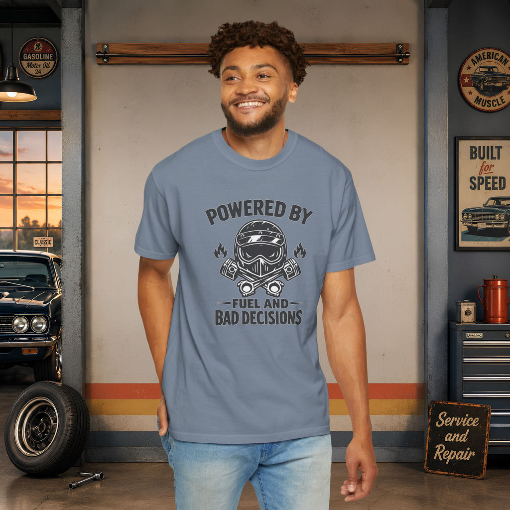 Powered By Fuel And Bad Decisions T-Shirt — Motorcycle Helmet Graphic Tee