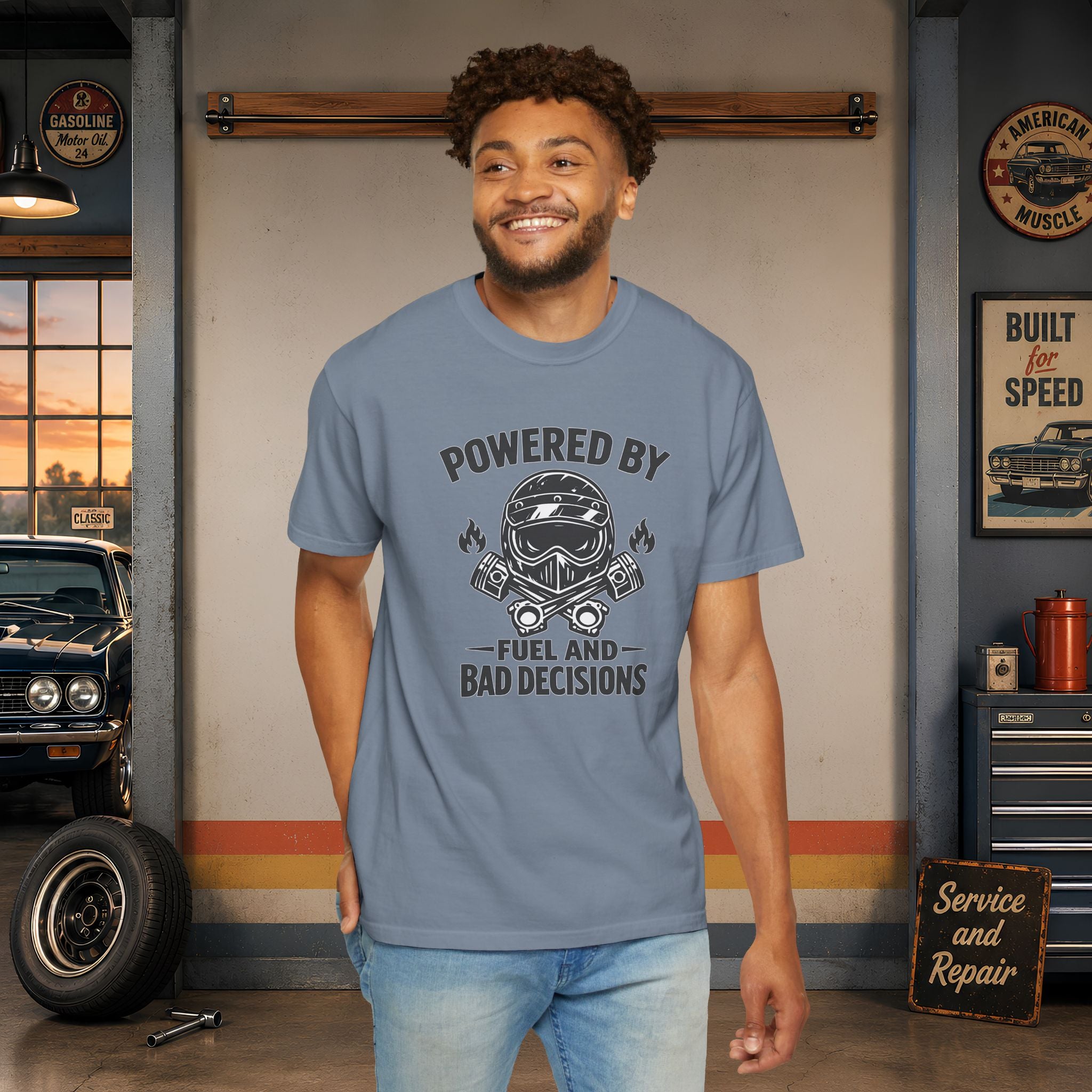 Powered By Fuel And Bad Decisions T-Shirt — Motorcycle Helmet Graphic Tee