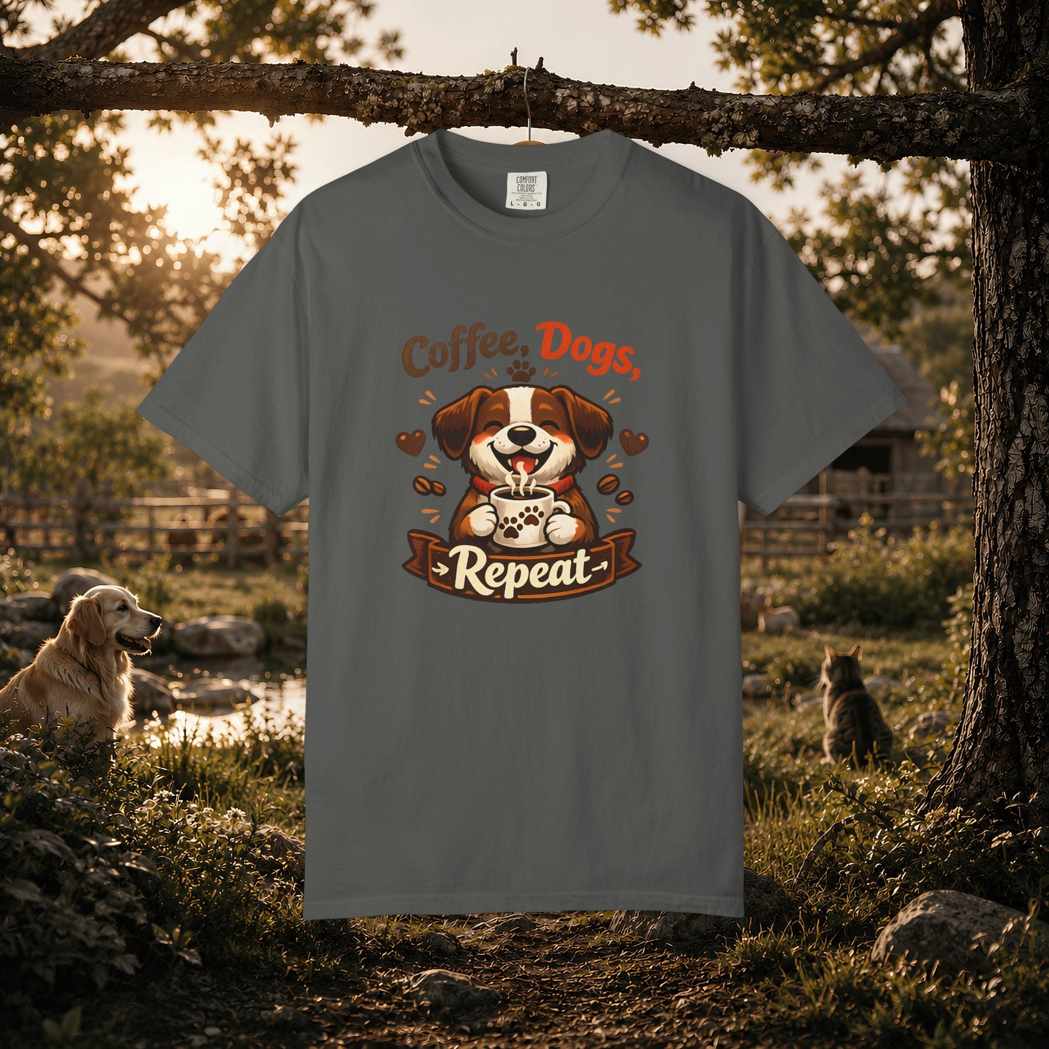 "Coffee, Dogs, Repeat" Cute Dog & Coffee Graphic T-Shirt