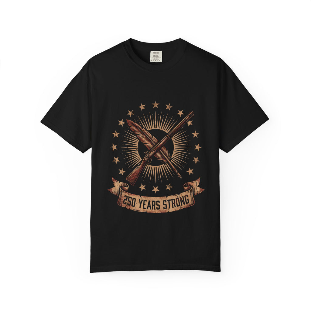250 Years Strong flag rifle crest T-shirt | patriotic American heritage