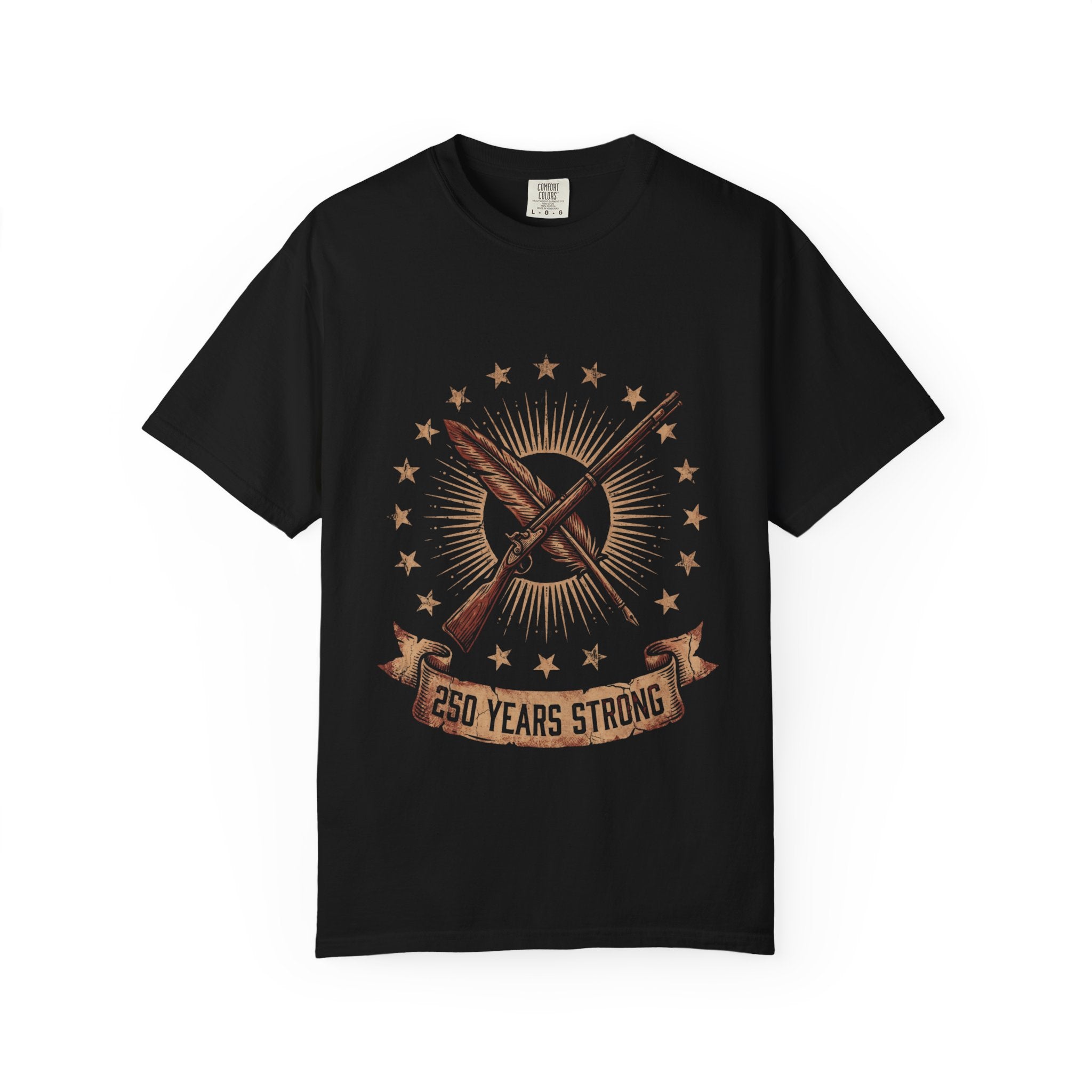 250 Years Strong flag rifle crest T-shirt | patriotic American heritage