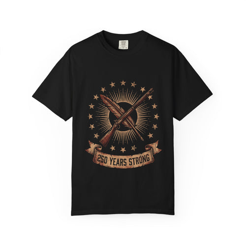 250 Years Strong flag rifle crest T-shirt | patriotic American heritage