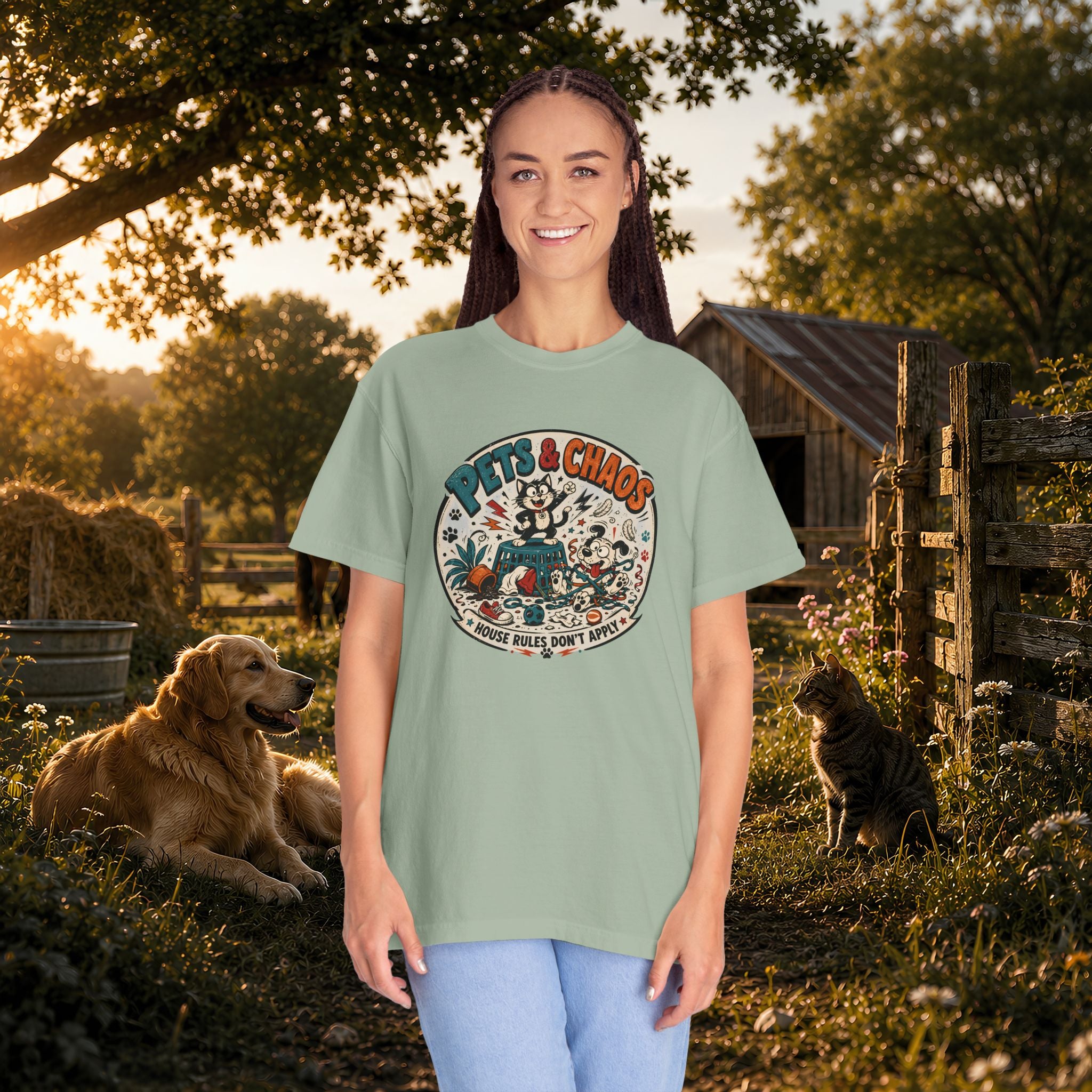 Pets & Chaos Graphic T-Shirt — "House Rules Don't Apply" Vintage Pet Lover Tee
