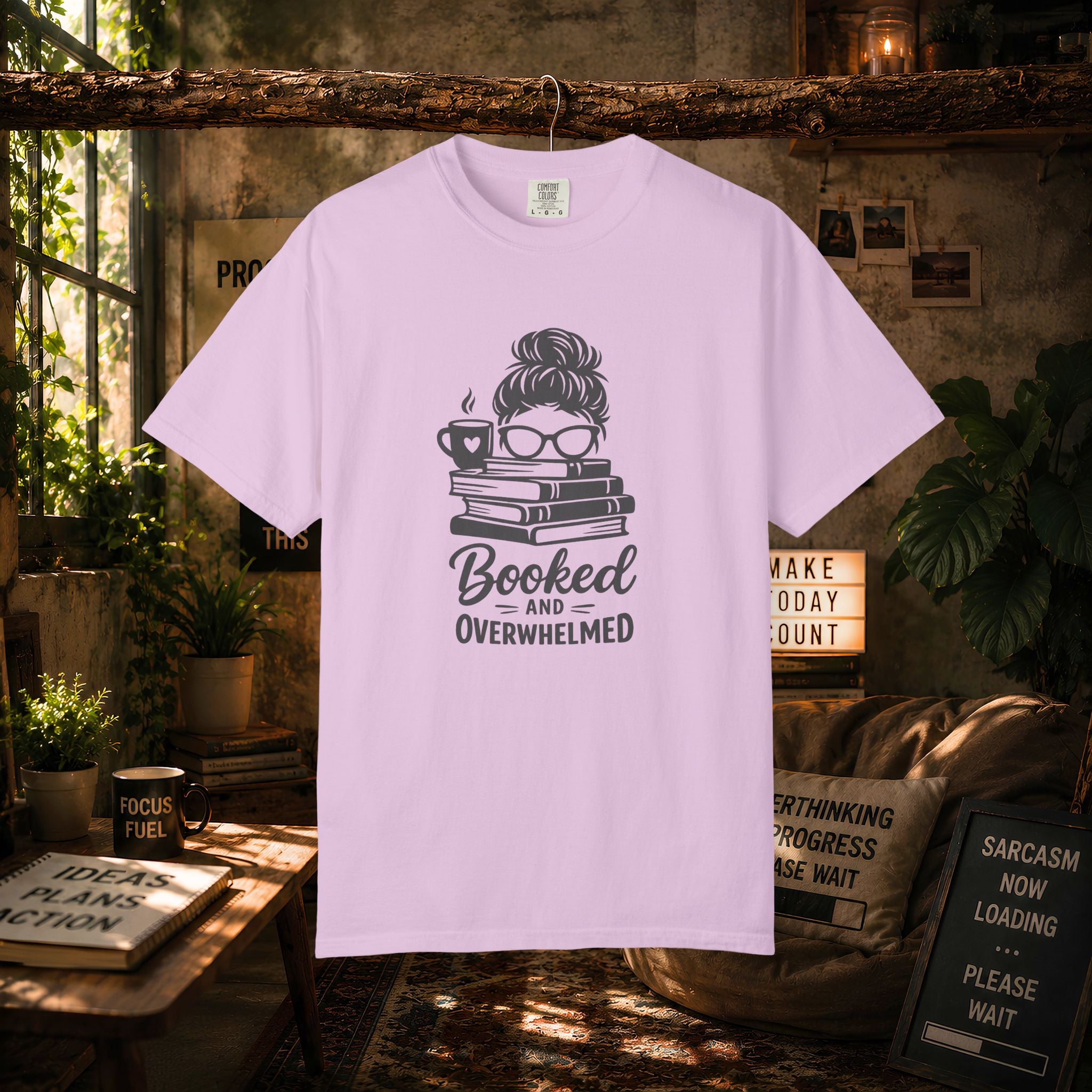 Book Lover T-Shirt — "Booked and Overwhelmed" Graphic Tee