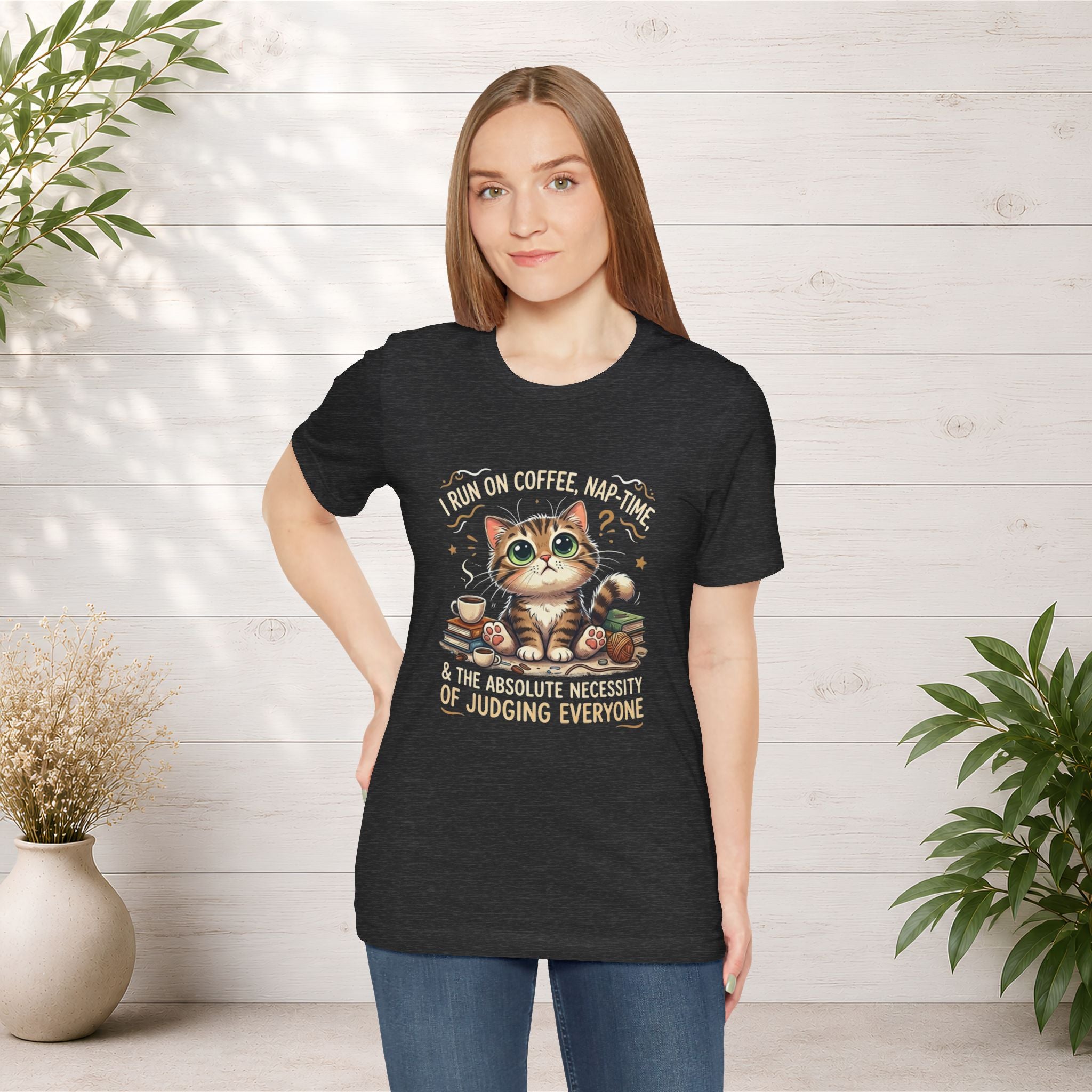 Judging Cat Coffee Books T-Shirt | Cozy Kitty Illustration Tee