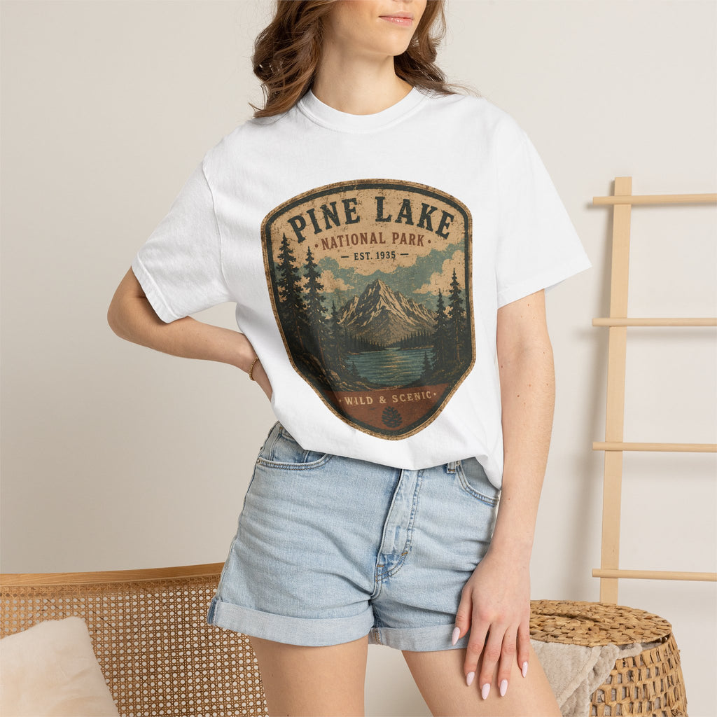 Pine Lake National Park Badge T-Shirt | Mountain Lake Forest Graphic