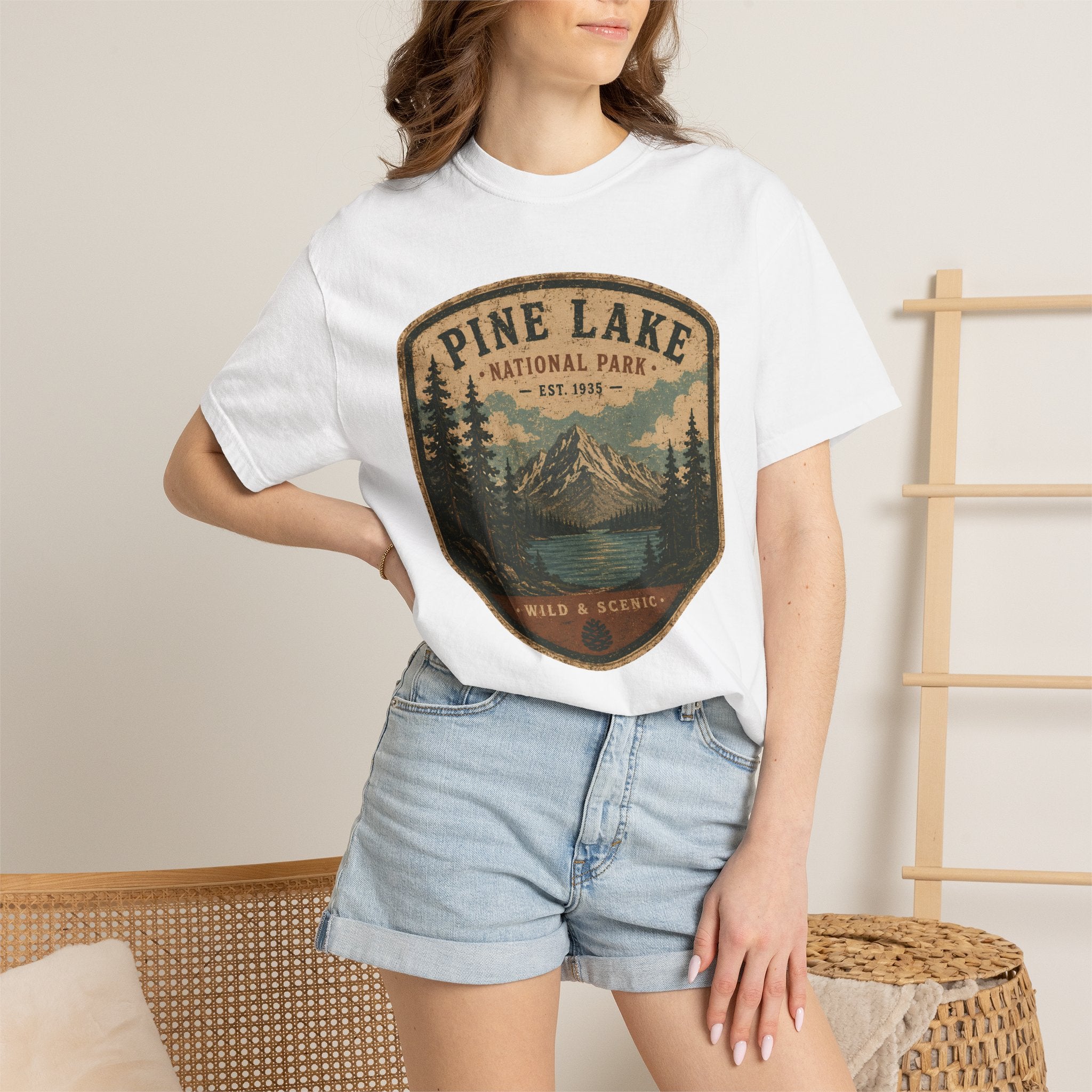 Pine Lake National Park Badge T-Shirt | Mountain Lake Forest Graphic