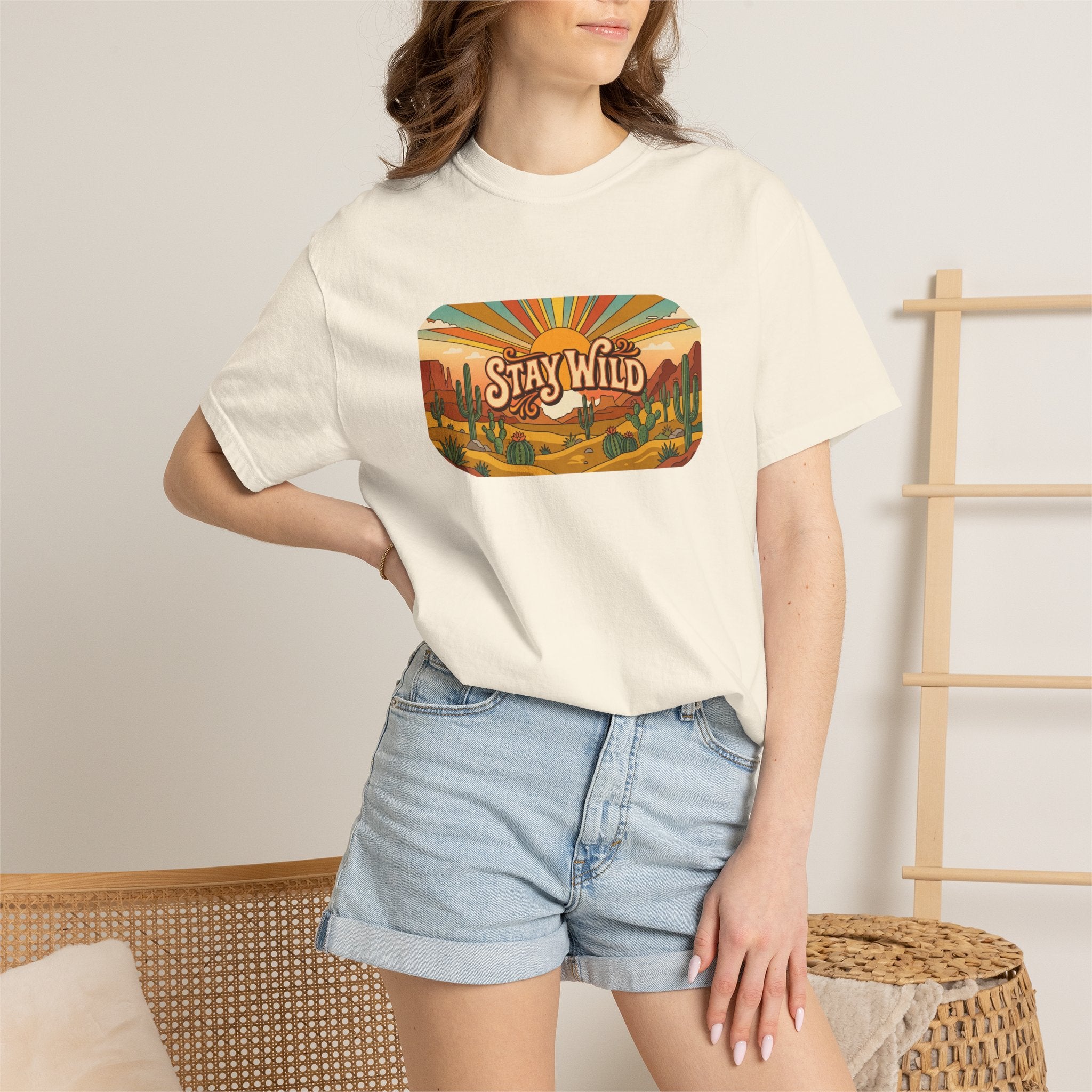 Stay Wild Desert Sunset T-shirt | Retro Cactus Landscape