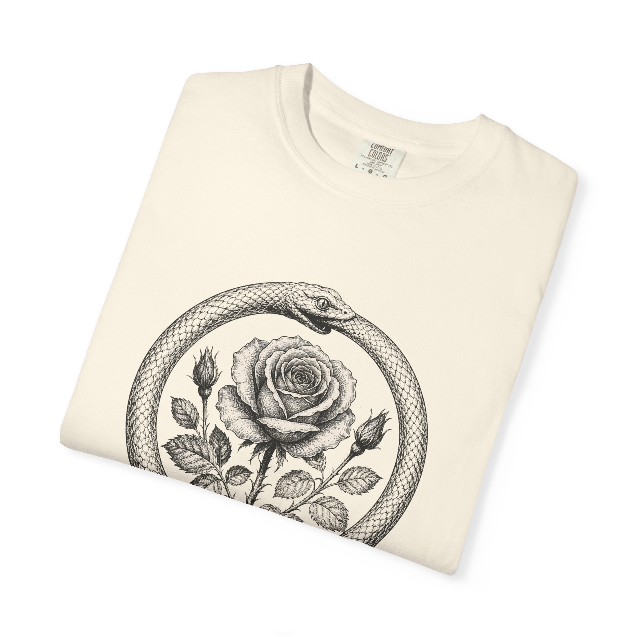 Rose in Ouroboros Snake Circle T-shirt | Botanical Vintage Line Art