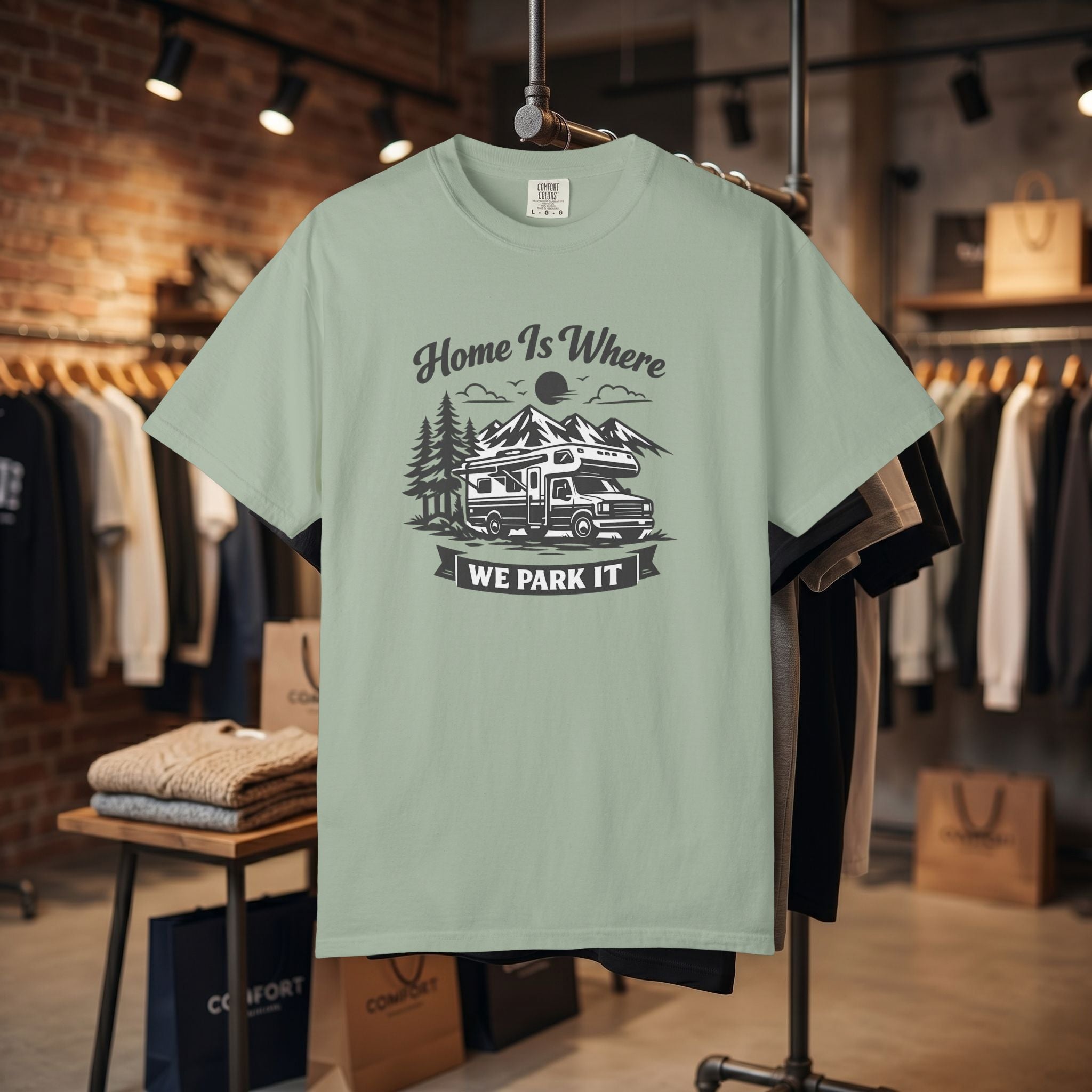 RV Camper T-Shirt — "Home Is Where We Park It" Graphic Tee for RV & van life lovers