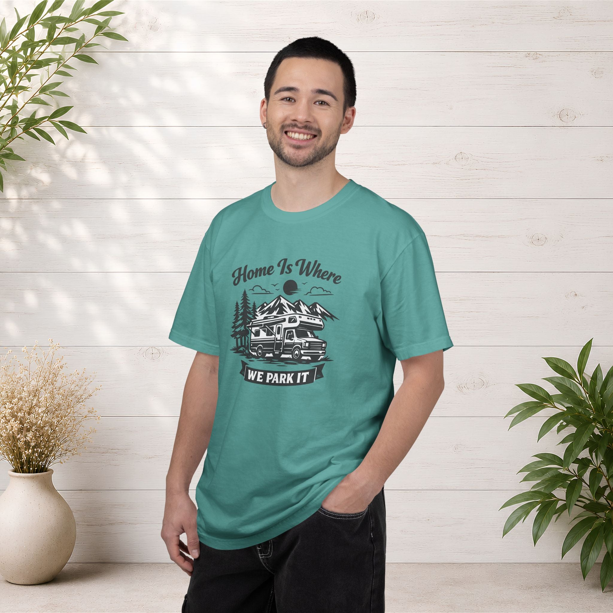 RV Camper T-Shirt — "Home Is Where We Park It" Graphic Tee for RV & van life lovers
