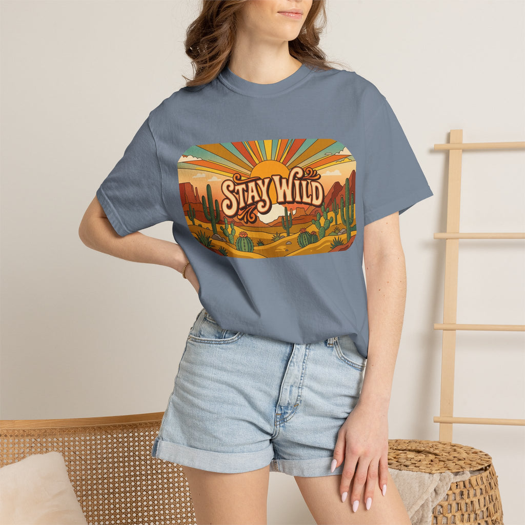Stay Wild Desert Sunset T-shirt | Retro Cactus Landscape