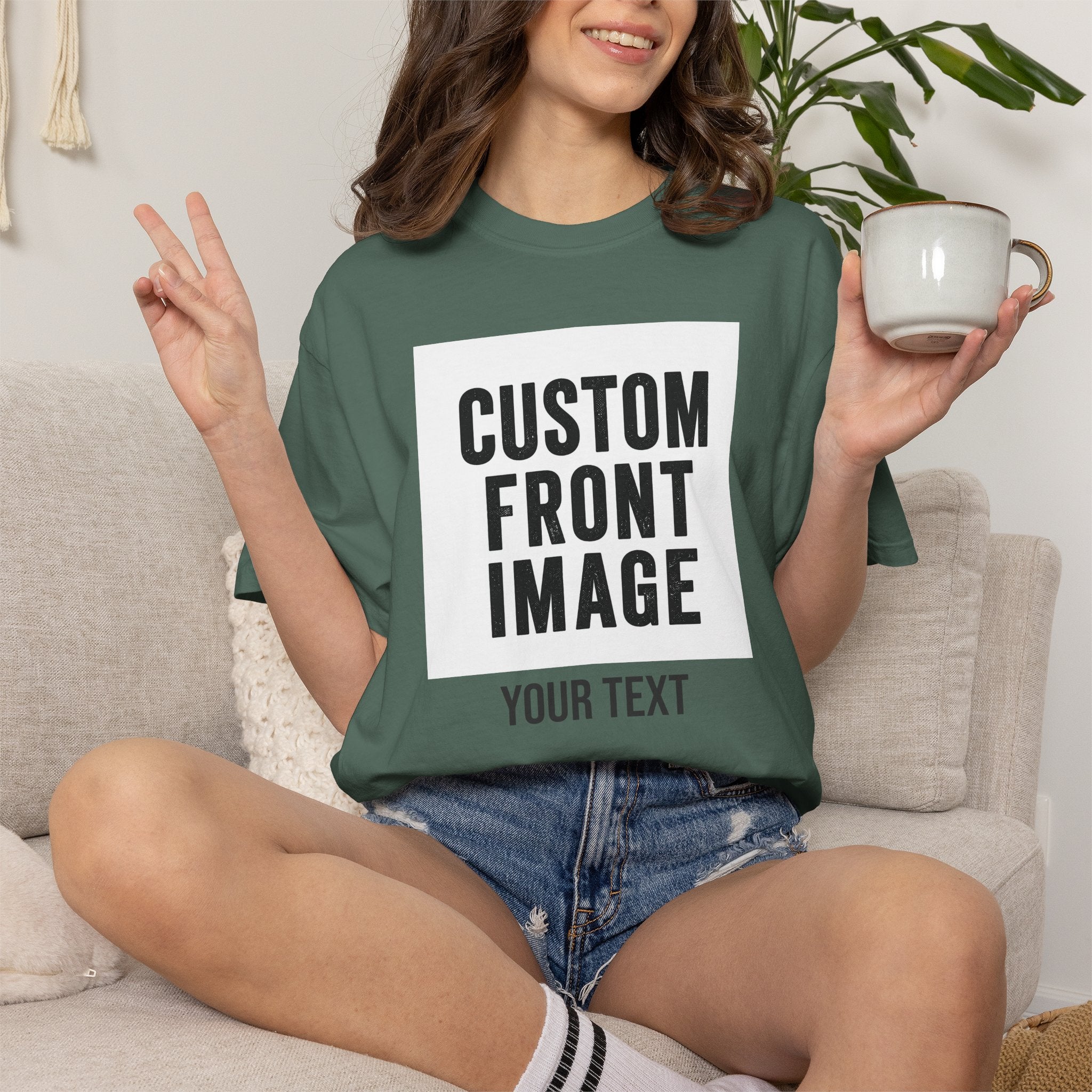 Custom Front Square Print T-Shirt — Personalized Text Bottom & Image Tee