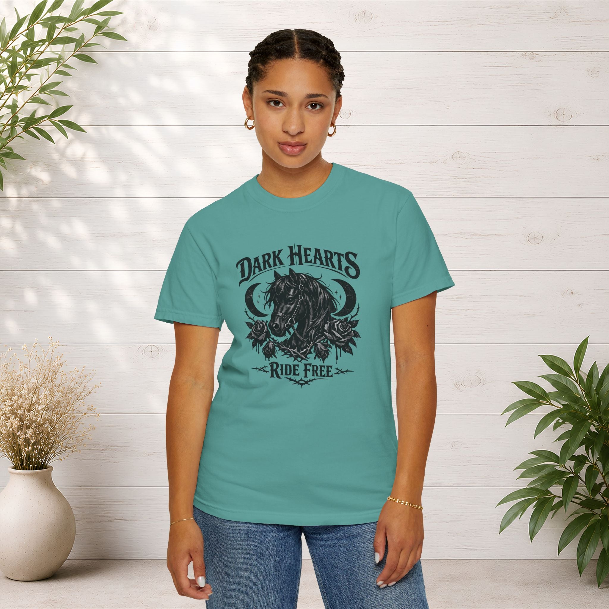 Dark Hearts Ride Free T-Shirt — Gothic Horse Rider Graphic Tee