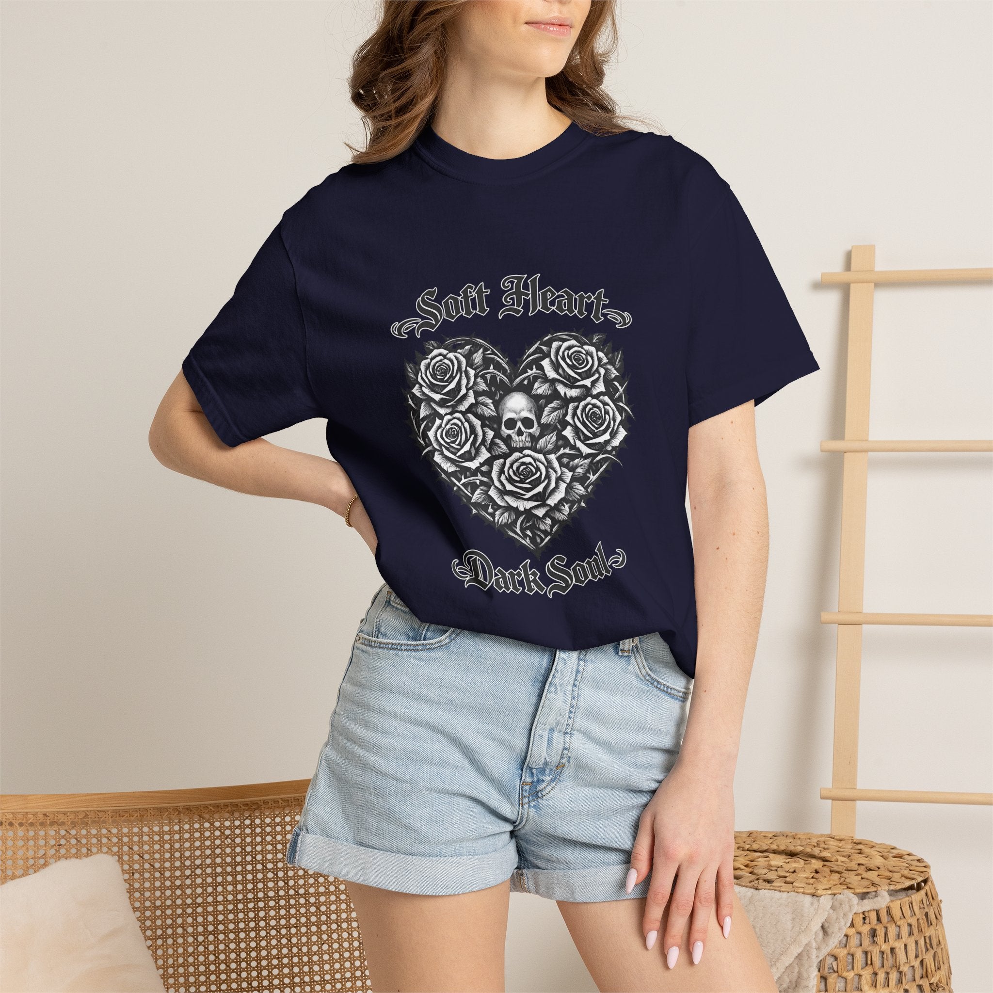 Soft Heart Dark Soul T-Shirt — Gothic Rose Skull Graphic Tee