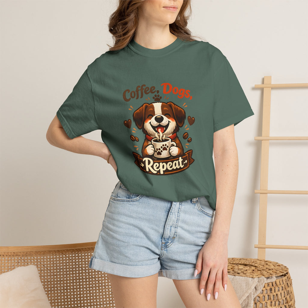 "Coffee, Dogs, Repeat" Cute Dog & Coffee Graphic T-Shirt