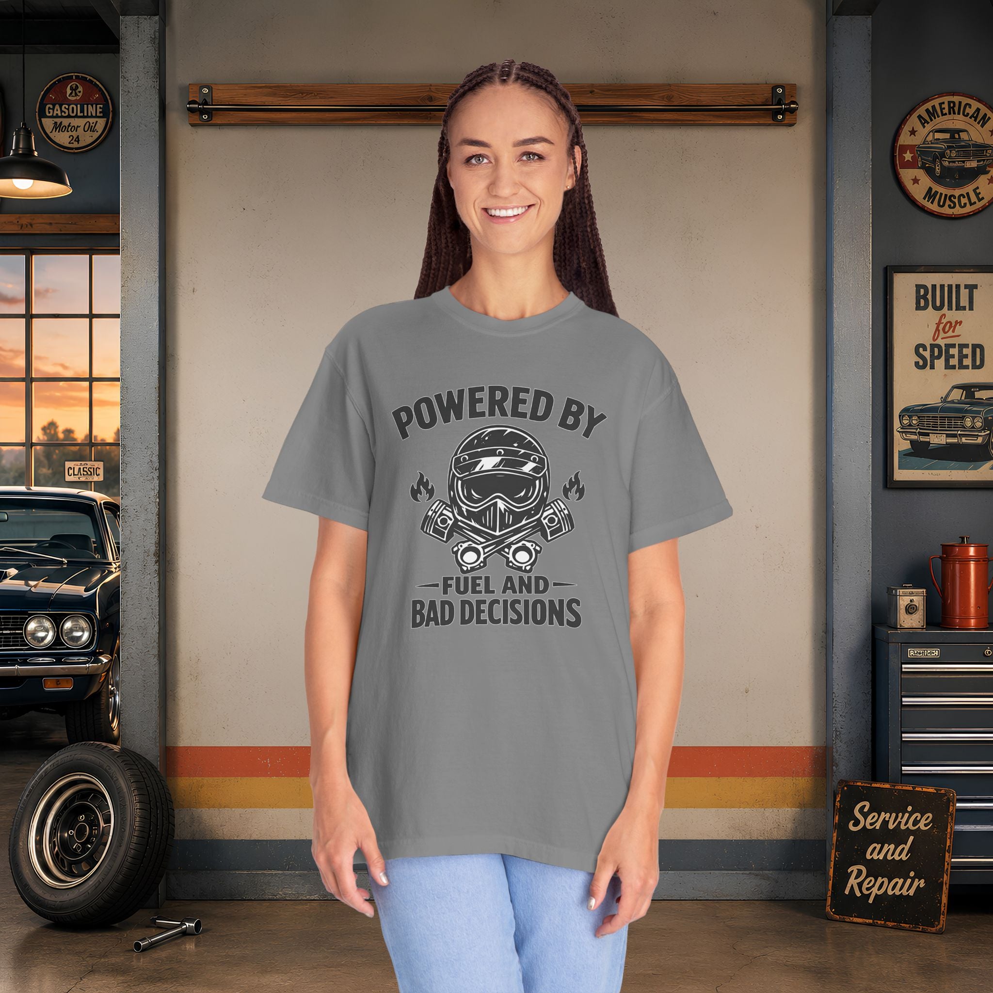 Powered By Fuel And Bad Decisions T-Shirt — Motorcycle Helmet Graphic Tee