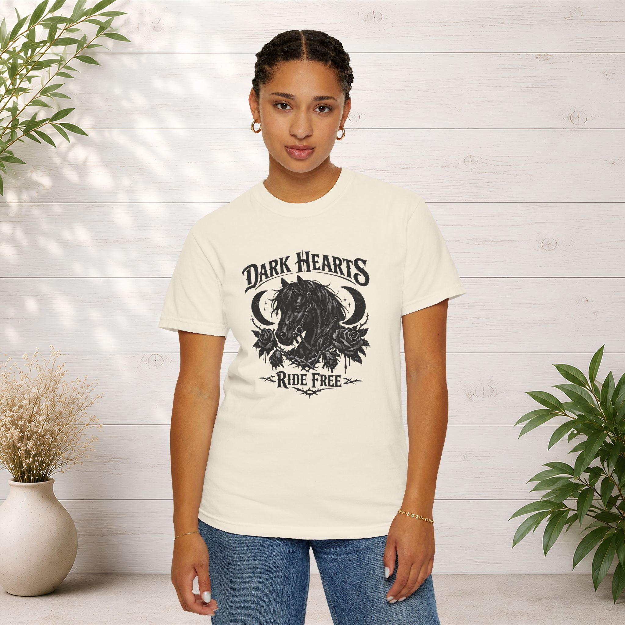 Dark Hearts Ride Free T-Shirt — Gothic Horse Rider Graphic Tee