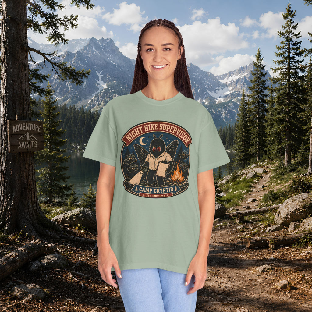 Night Hike Supervisor Mothman T‑Shirt — Camp Cryptid Retro Outdoor Badge