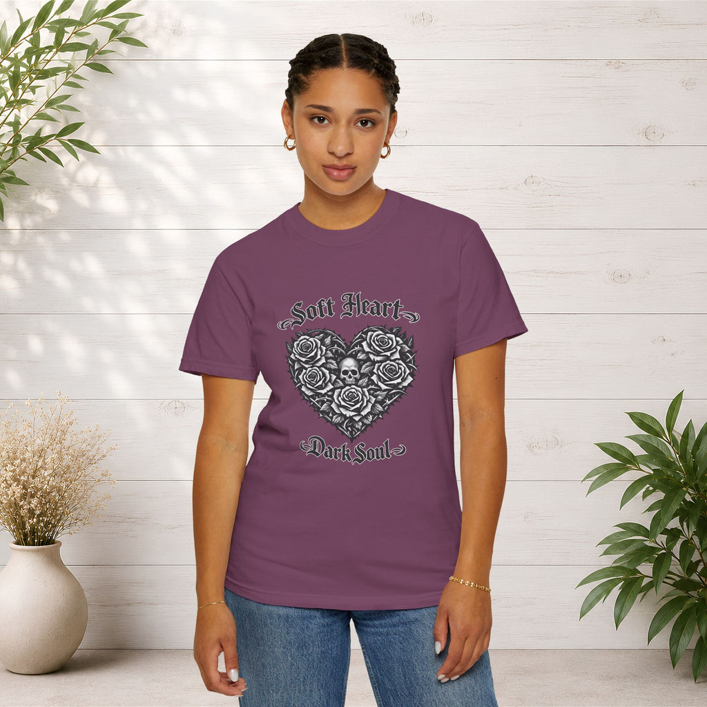 Soft Heart Dark Soul T-Shirt — Gothic Rose Skull Graphic Tee